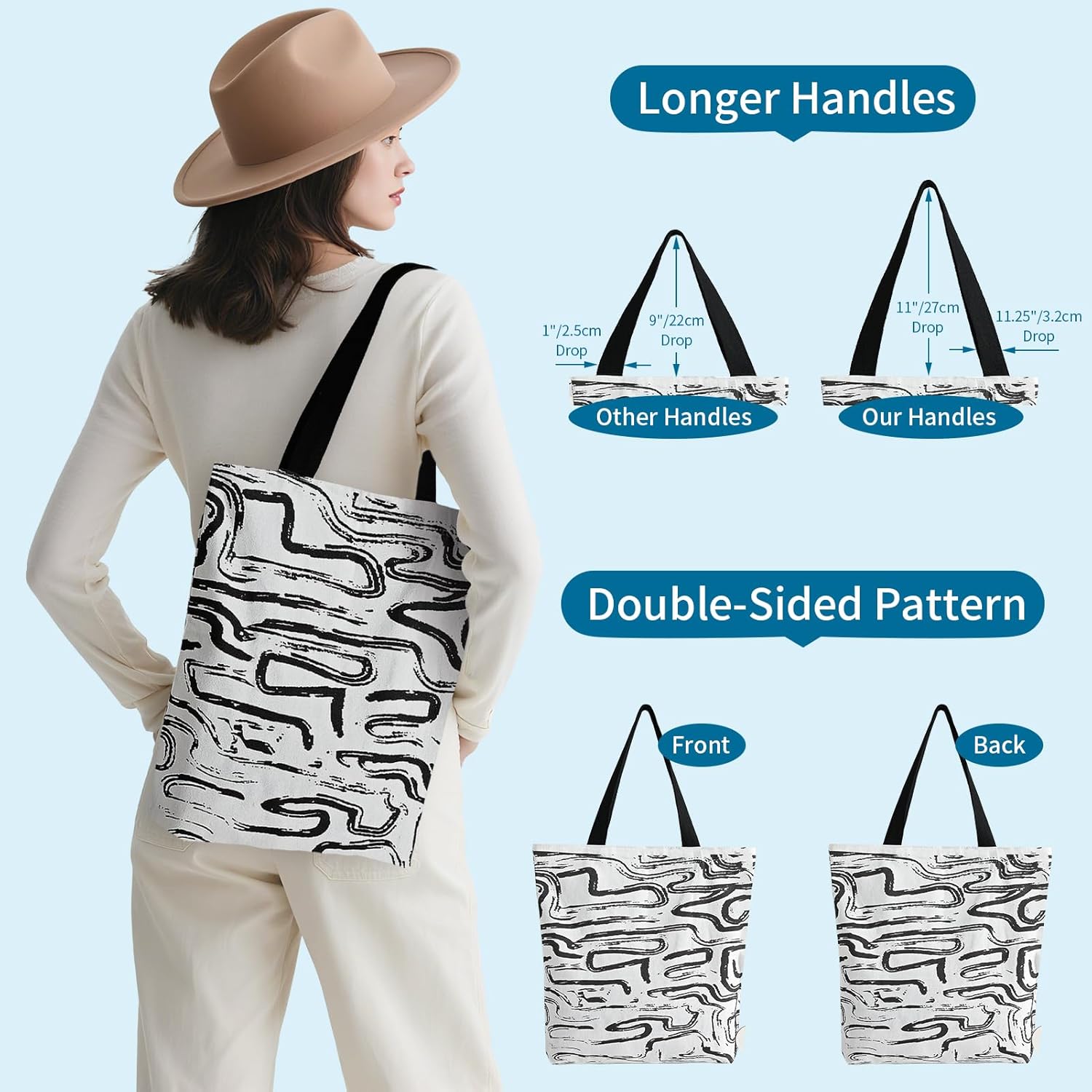 Canvas Tote Bag with Zipper, Medium Reusable Cotton Tote for Women. Aesthetic Cute Bag, Inner Pocket for Shopping - Image 6