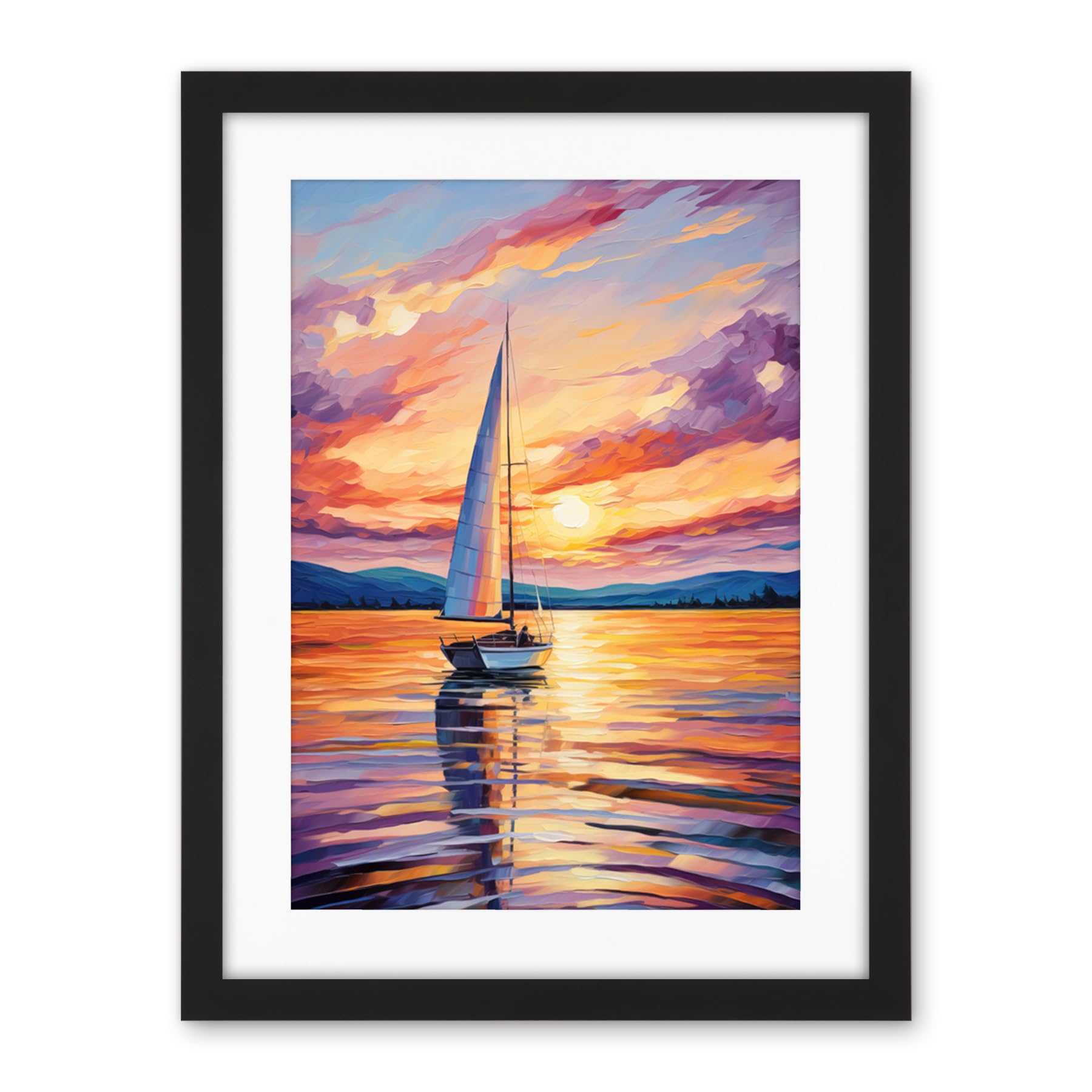 Artery8 Sunset Sailing Vibrant Oil Painting Orange Purple Blue Bathroom Artwork Sail Boat Seascape Artwork Framed Wall Art Print 18X24 Inch