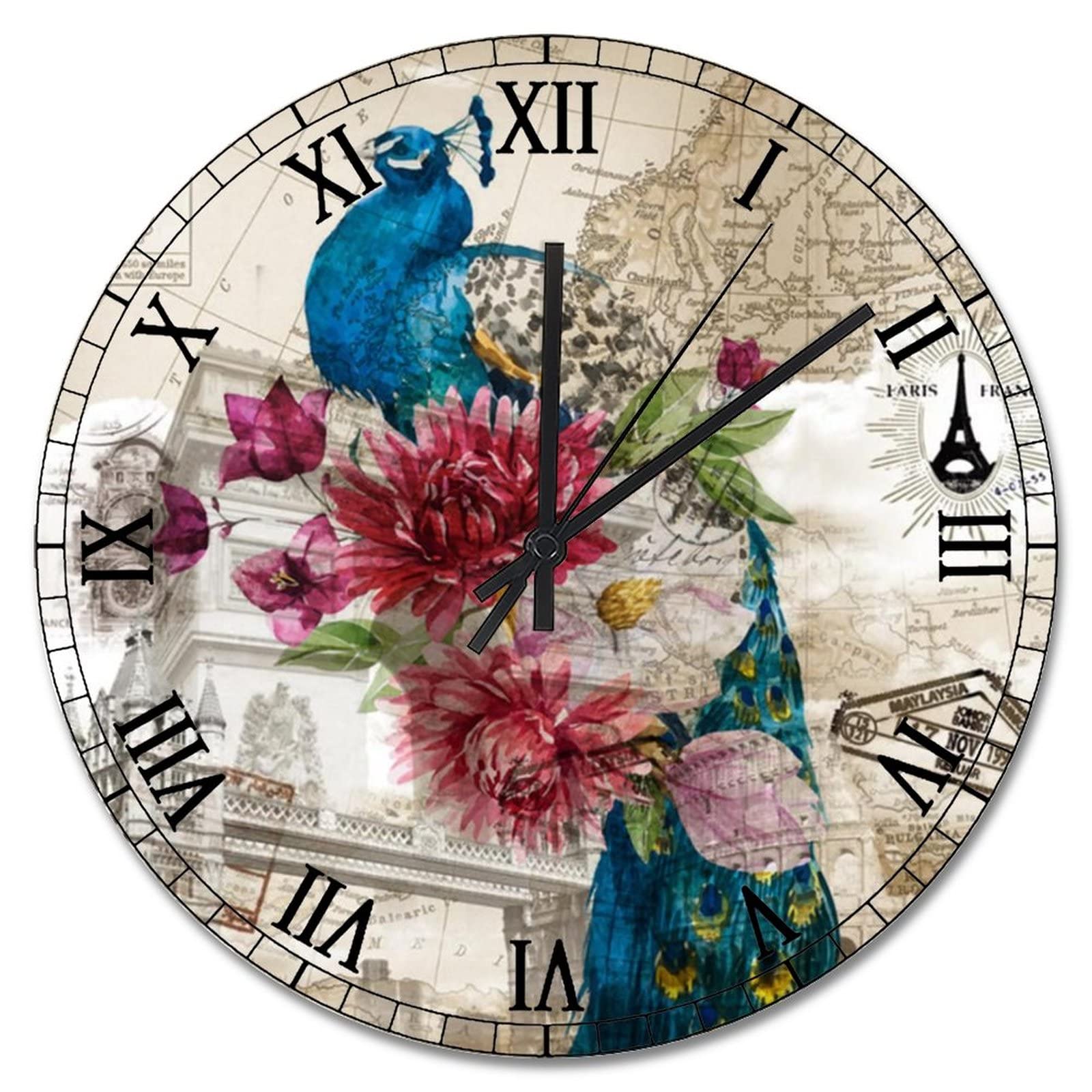Horloge murale en bois paon bleu sarcelle 38cm pour décoration chic