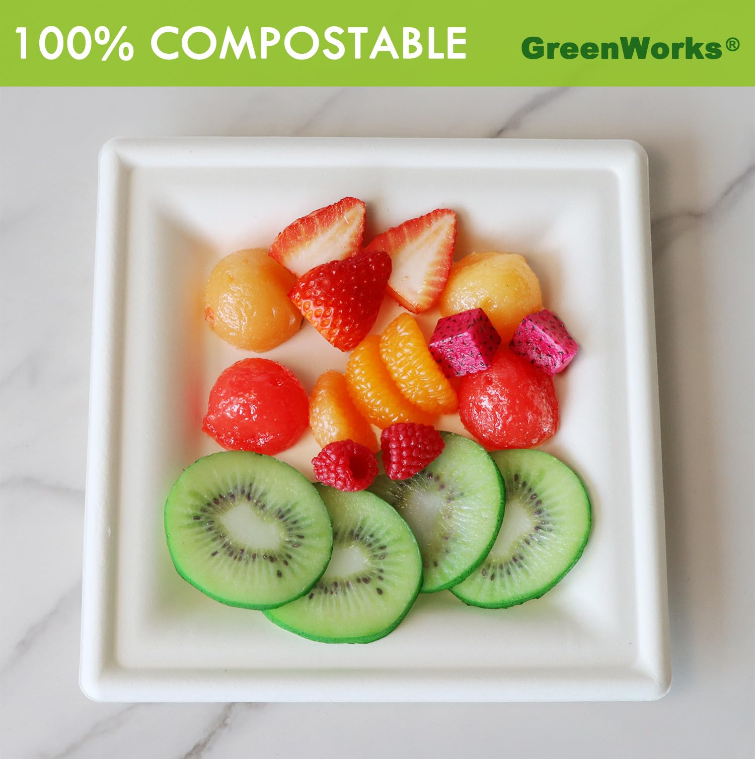 GreenWorks 100 piatti quadrati compostabili per bagassa e fibra di bambù, 20,3 cm