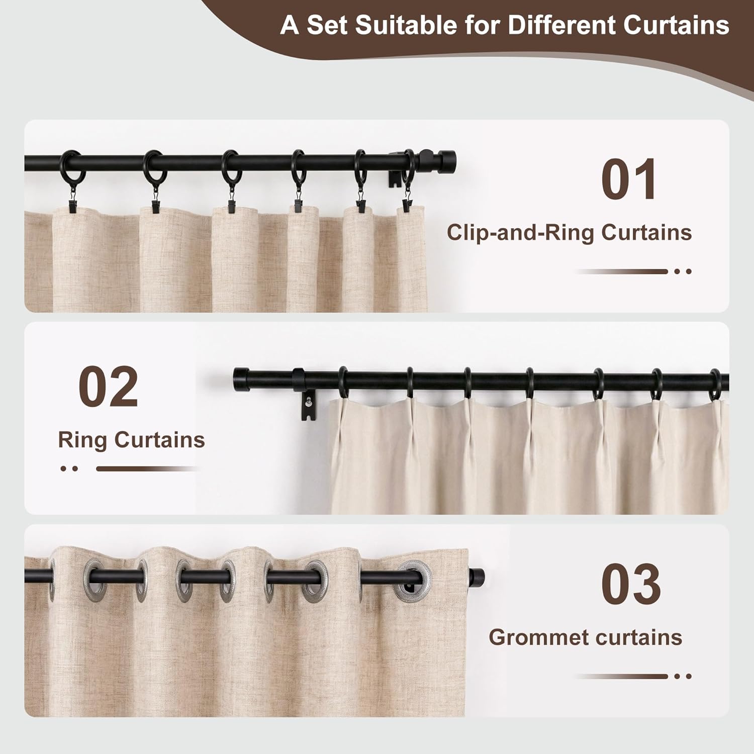 MaKefeile Curtains Rods for Windows 1 Inch Thick Heavy Duty Metal Curtain Rod with Curtain Rings with Clips Sets for Bedroom Living Room Decorative Single Drapery Pole Set, Black, 64 in