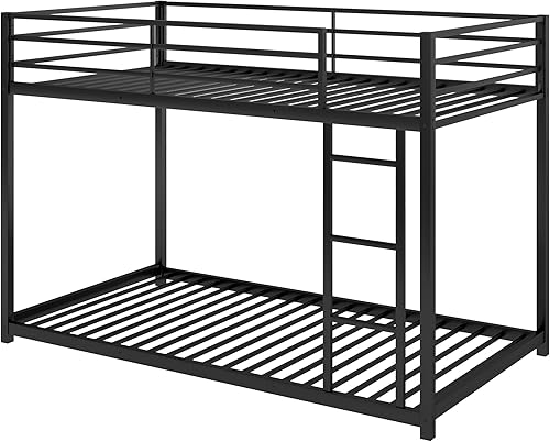 Miniatura 8 de Litera baja individual sobre individual con escalera, litera de metal con barandillas de seguridad para niños, adolescentes y adultos, no requiere