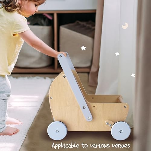 Miniatura 6 de Cochecito de madera para muñeca de bebé, cochecito de muñeca para empujar y jalar, cochecito de juguete de madera para niños pequeños y niñas de 18