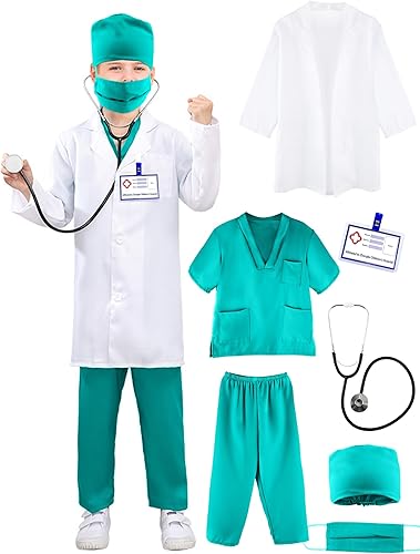 Miniatura 7 de Puteraya Disfraz de médico para niños, uniforme de médico quirúrgico con estetoscopio, juguetes para niños y niñas, disfraz de Halloween, cosplay