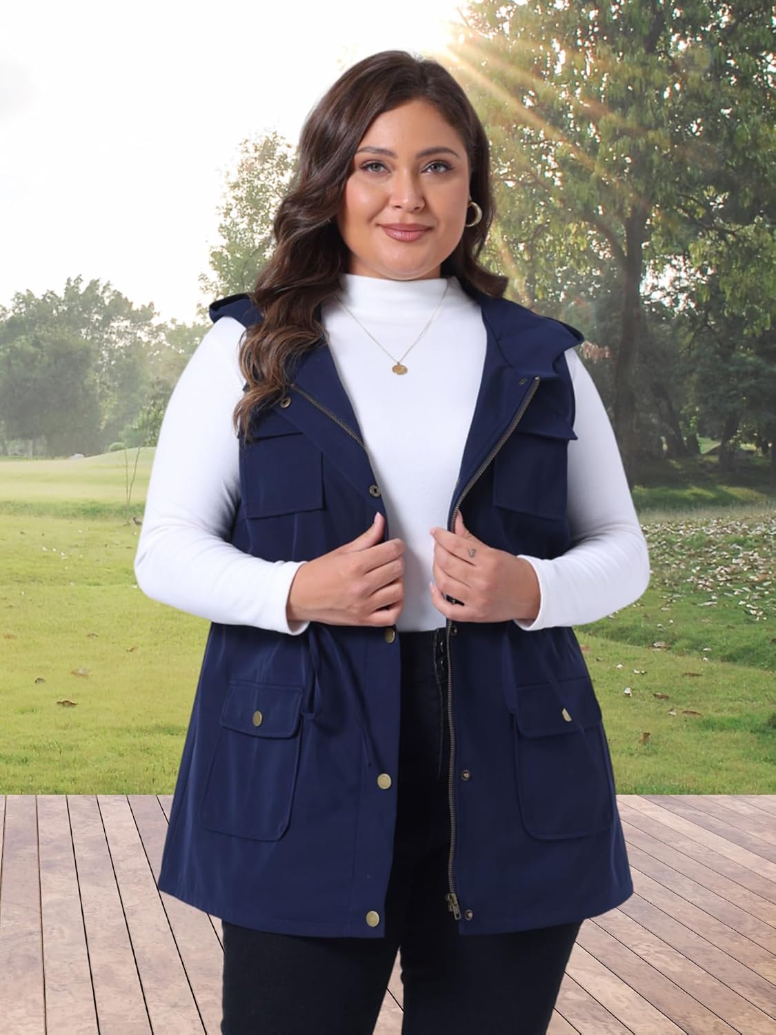 Agnes Orinda Plus Size Anorak Utility Vest for Women Drawstring Lightweight Sleeveless Cargo Hooded Jackets - Image 3