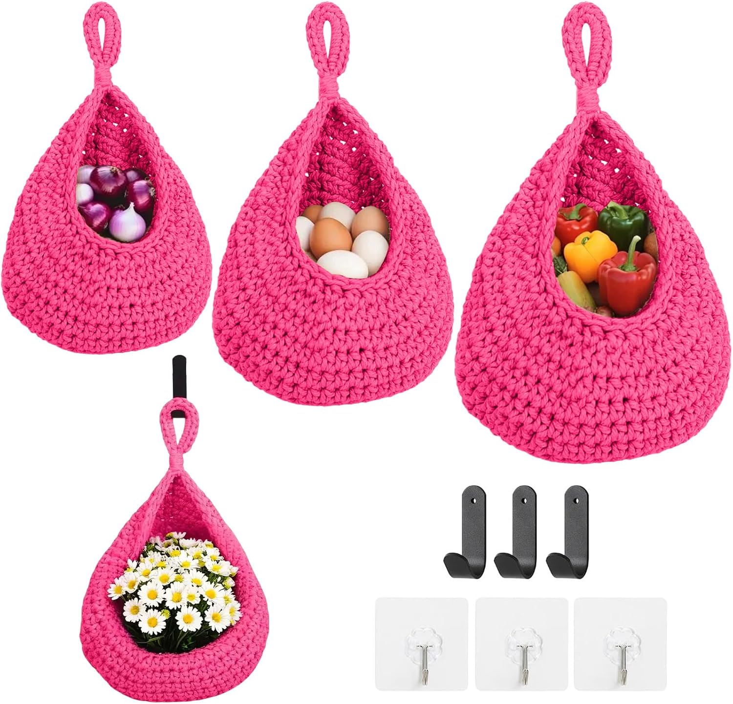 ShellKingdom Wall Hanging Baskets for Kitchen, 3 Pack Boho Handwoven Storage Teardrop Home Decorative Basket with 6PCS Hooks for Fruits, Vegetable, Potato, Egg, 3 Size (Hot Pink)