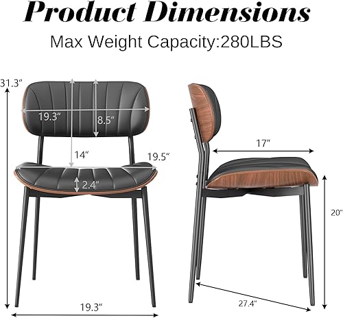 Miniatura 2 de Bentwood - Juego de 2 sillas de comedor modernas de piel sintética con patas de metal, sillas de cocina tapizadas de mediados de siglo con respaldo