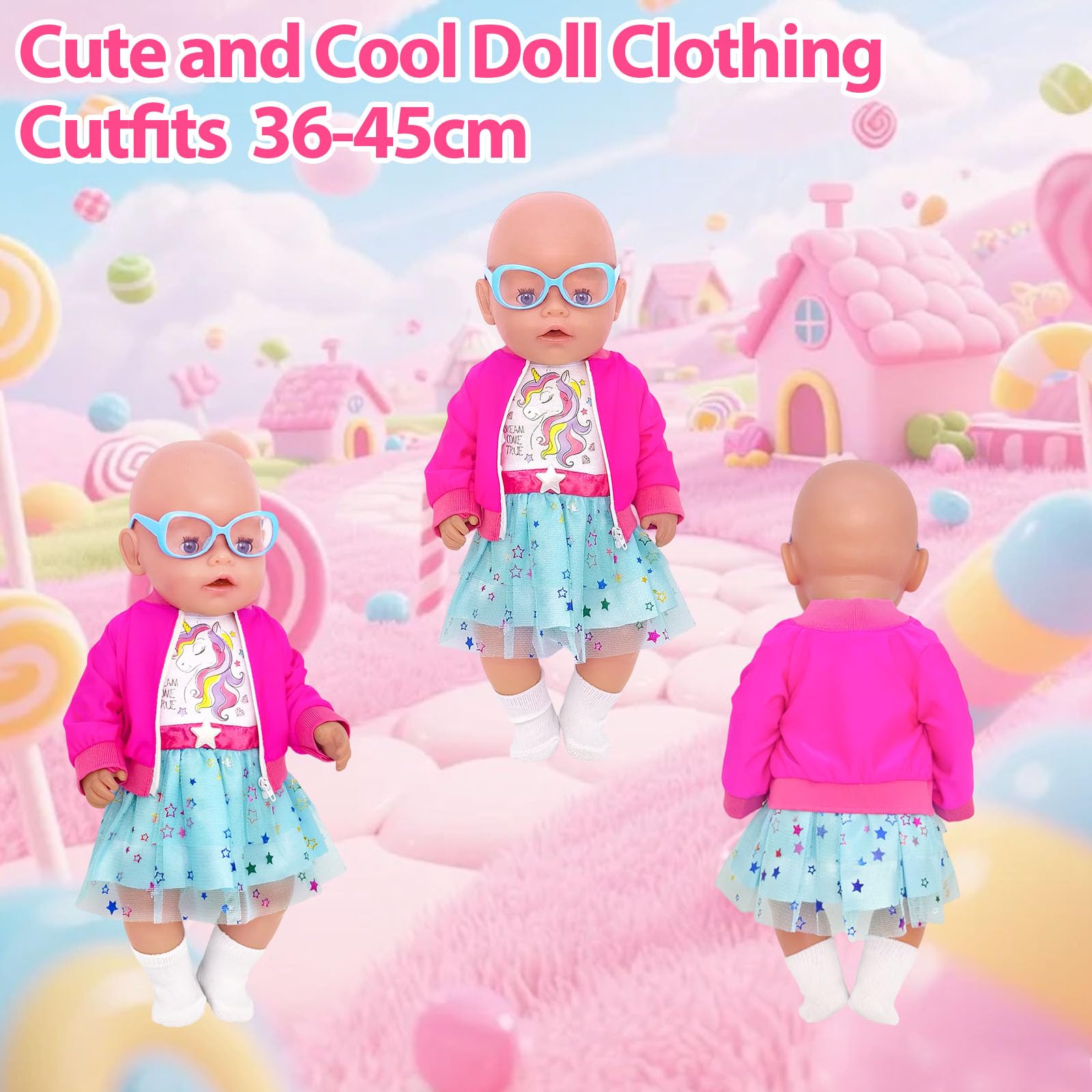 WanderGo Baby Doll Clothes for 35-43 cm Dolls, 5-Piece Outfit with Coat + Dress + Socks + Glasses + Hanger - Image 4