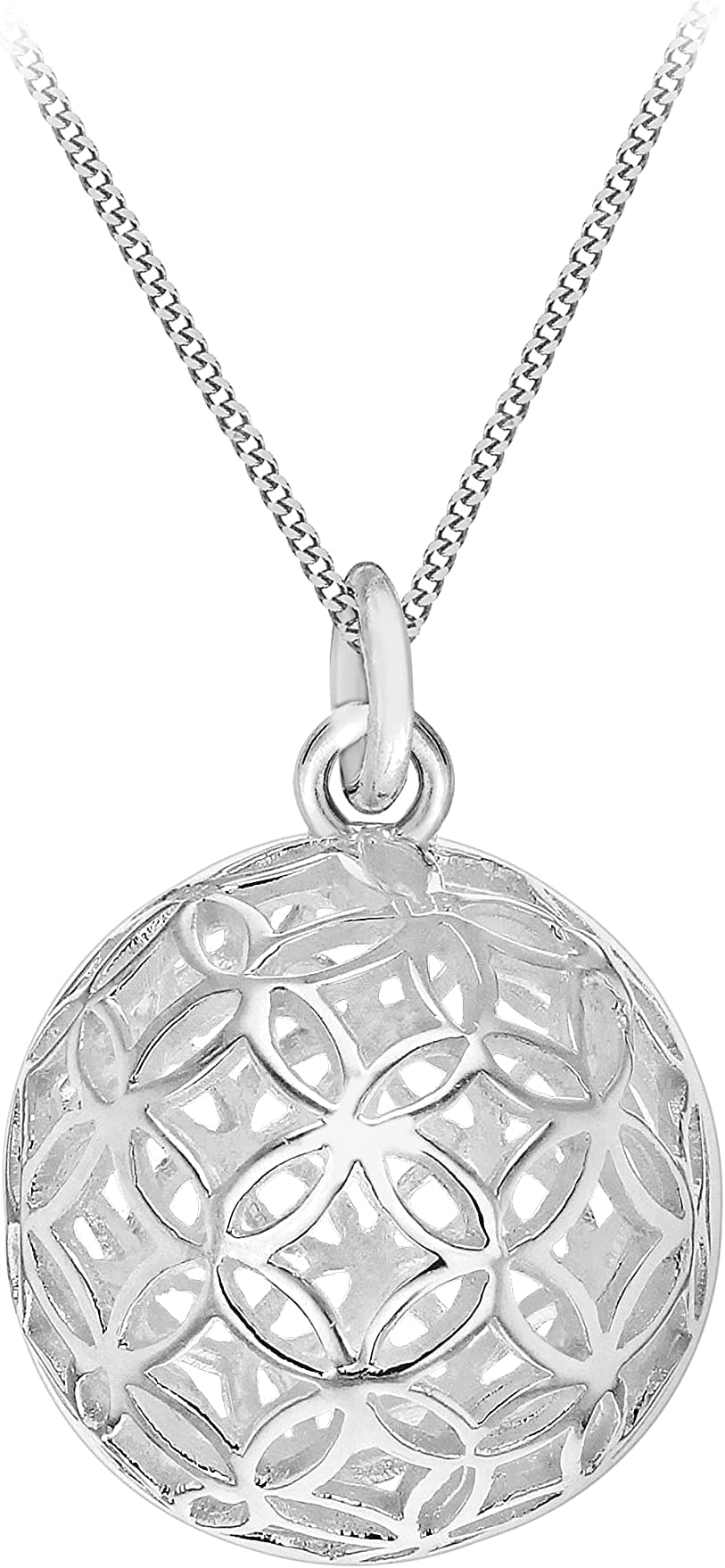 Women's Sterling Silver 14.5 x 21.5 mm Filigree Ball Pendant on Sterling Silver 1.1 mm Curb Chain Necklace of Length 46 cm/18 Inch