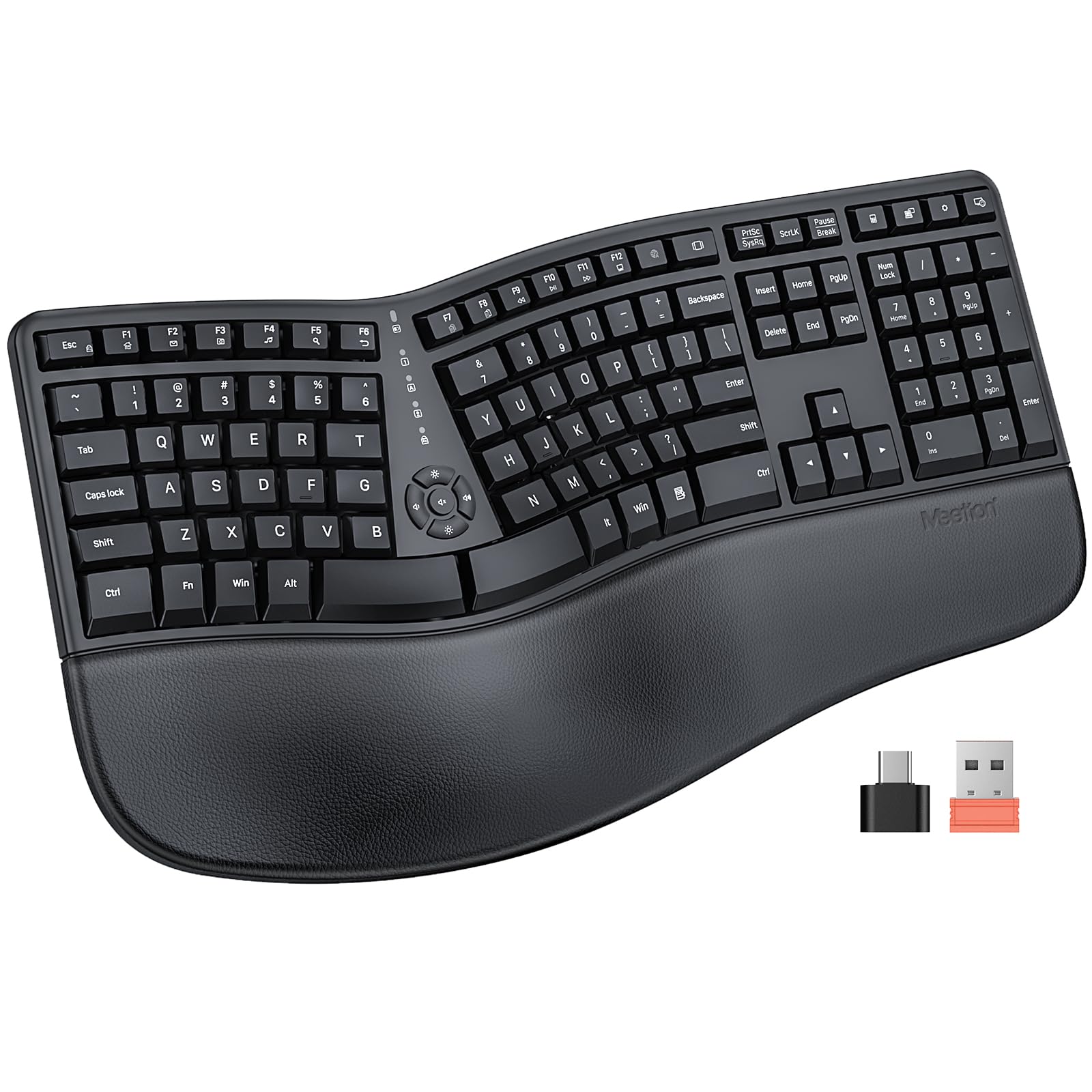 meetion ergonomic keyboard wireless, split curved keyboard with cushioned soft wrist palm rest, 2.4ghz cordless computer keybaords, full size natural typing for windows/mac/laptop/pc, black