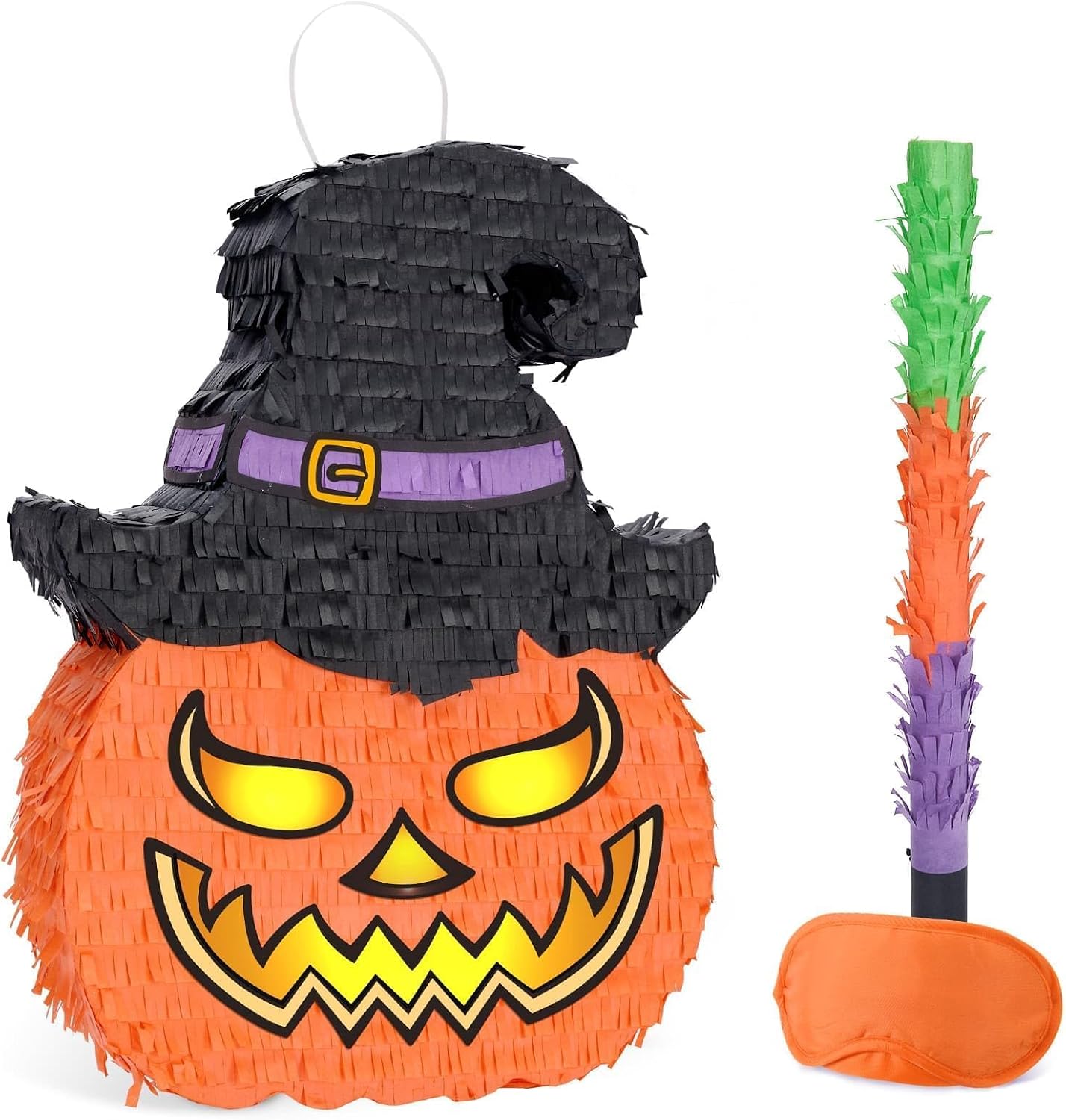 WERNNSAI Halloween Pumpkin Piñata - Wicked Pumpkin Piñata Halloween Jack O Lantern decorations for Kids Trick or Treat Costume Party Pumpkin Games with Bat Blindfold