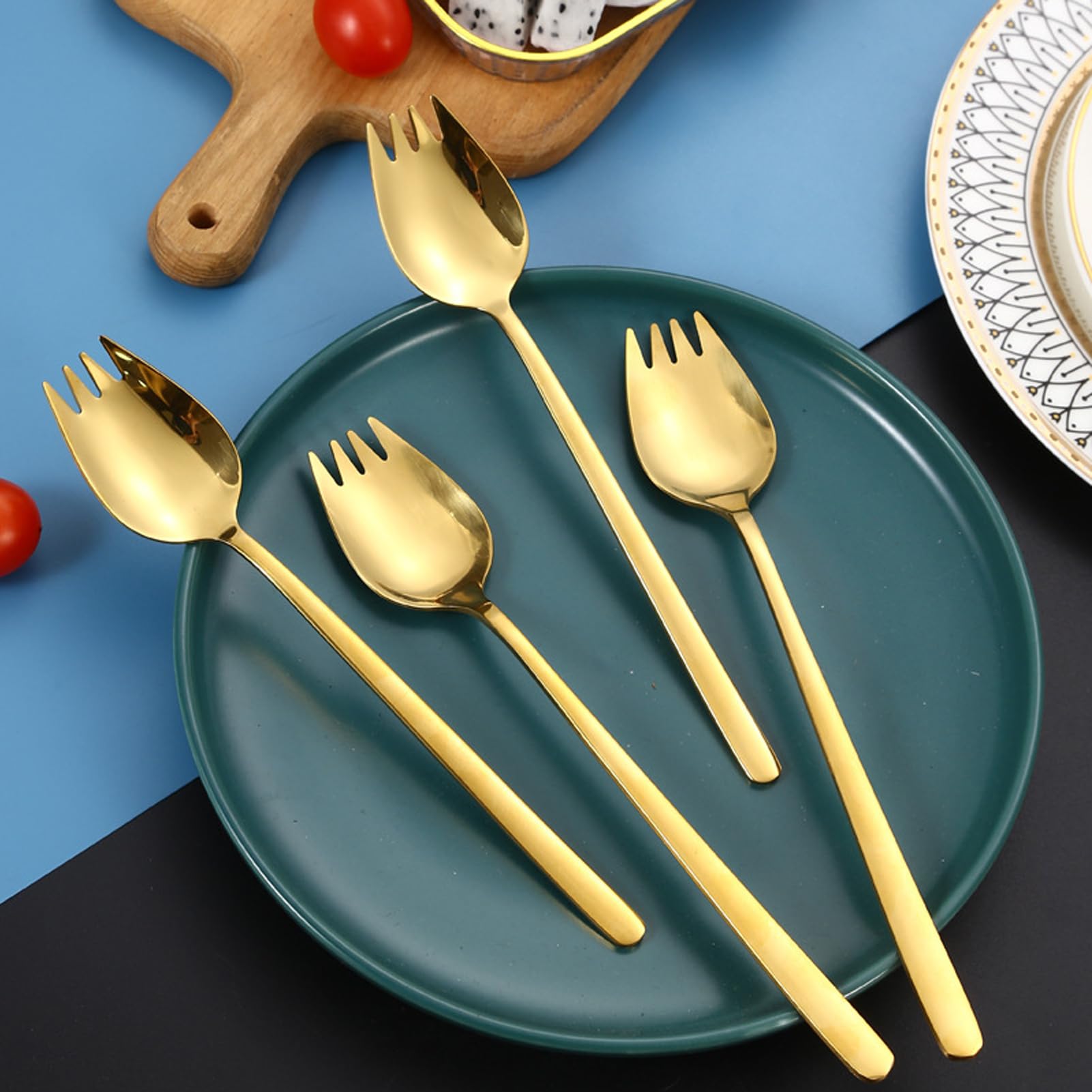 Sporks,4-Pack Salad Forks 18/10 Stainless Steel 7.4 Inches Long Handle Dessert Spoons Ice Cream Spoons Flatware Set Reusable Fruit Appetizer Dessert Forks for Household Use or Camping(Gold) — Amazon image 3