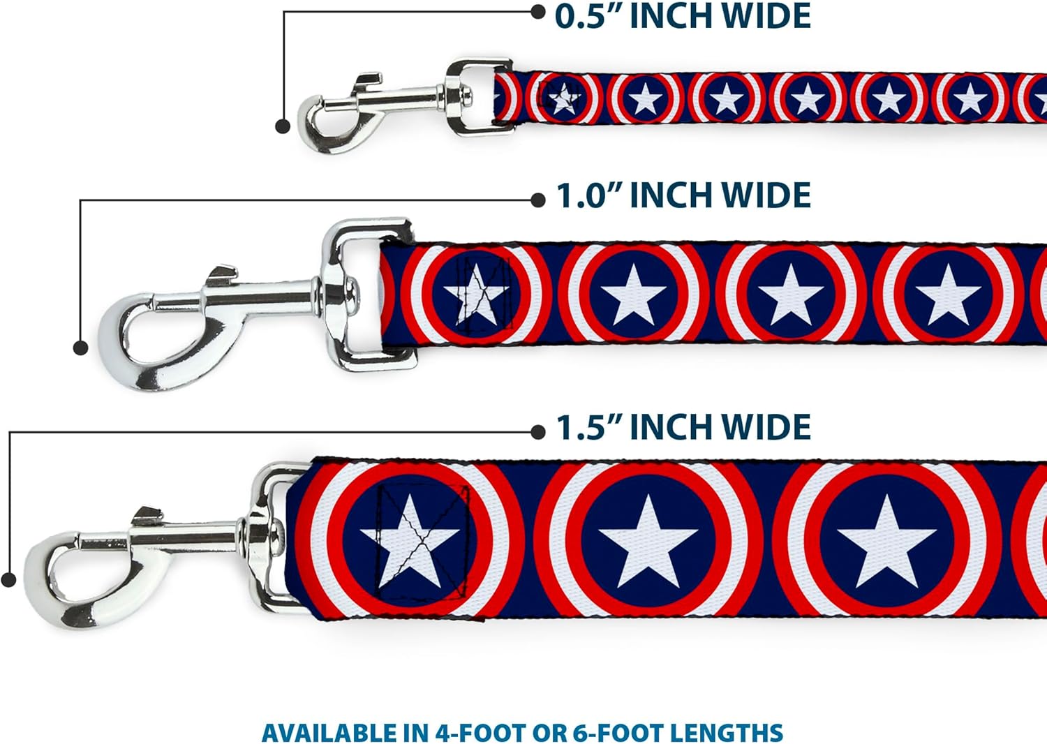 Buckle-Down Pet Leash - Captain America Shield Repeat Navy - 6 Feet Long - 1" Wide
