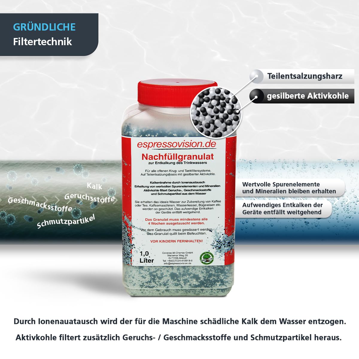 1 litre de granulés de rechargement (700 g) - pour tous les systèmes de filtre pour carafe ou réservoir