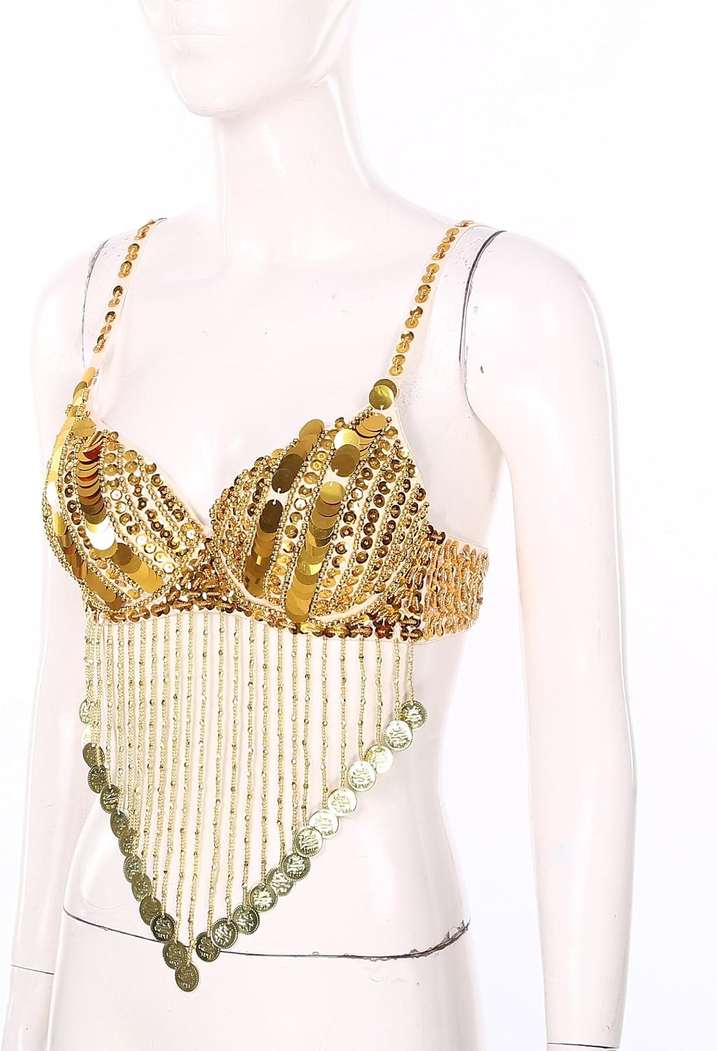Linjinx Womens Sparkly Sequin Bra Beaded Belly Dance Tops with Tassels Costume for Halloween Party
