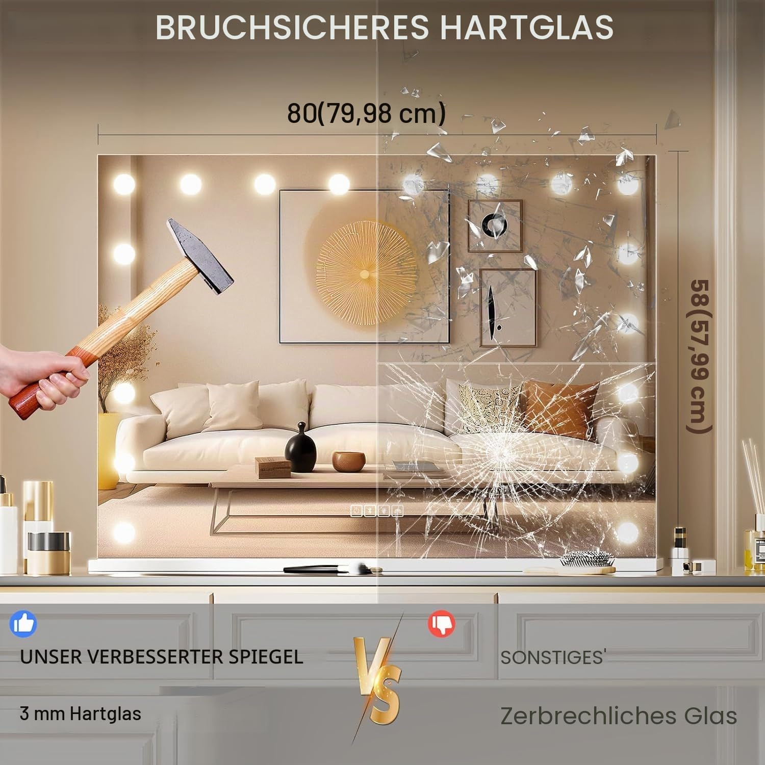 Hansong Großer Hollywood-Spiegel, 80 x 60 cm, Kosmetikspiegel mit 18 LED-Lampen, 3 Farben, Beleuchtungsmodus, Kosmetikspiegel mit USB-Ladeanschluss und 10-facher Lupe für Schlafzimmer