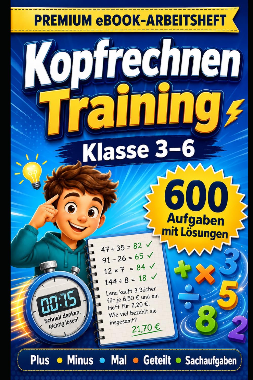 Kopfrechnen Training – Klasse 3–6: 600 Aufgaben mit Lösungen · Leicht–Mittel–Schwer · Plus/Minus, Mal & Geteilt · Ideal für Schule & Zuhause (600 Aufgaben Lernreihe – Mathematik)