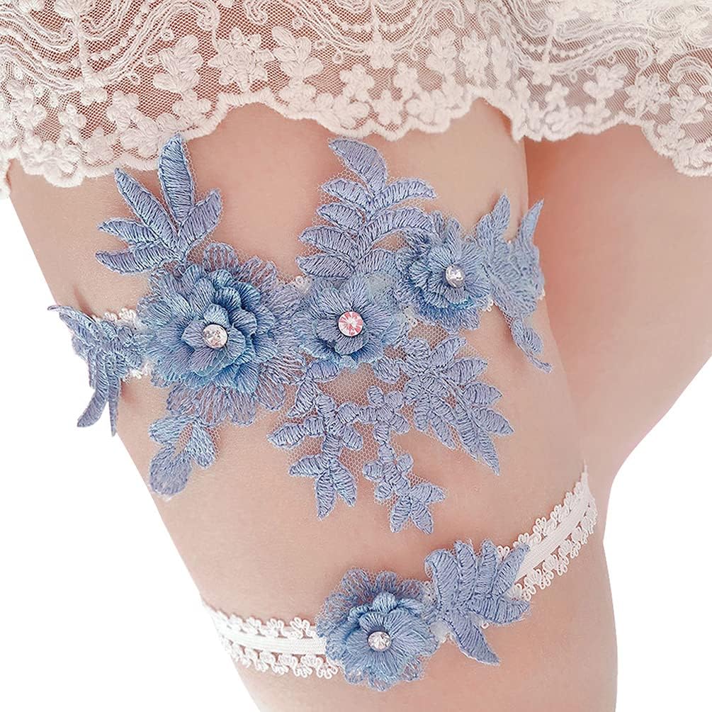 Wedding Garters Set Lace Bridal Garter Stretchy Floral Garter for Bride Blue White