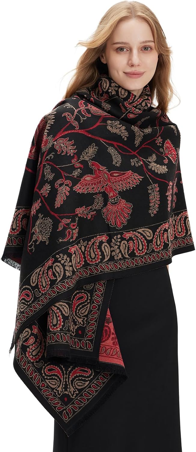 zero season Pashmina Shawl Wrap for Women Printed Scarf for Evening Dress, Wedding, Bridesmaid Gift, Formal Event, Blanket Poncho Cape Black Flowers Birds Paisley Pattern - Image 3