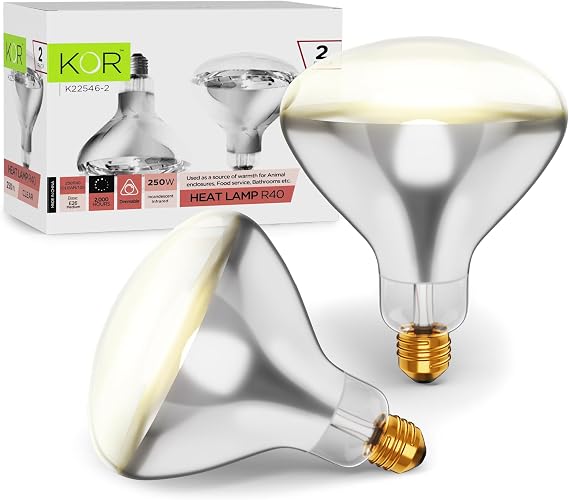 KOR 250 Watt R40 Clear Heat Lamp Light Bulb, Incandescent Reflector, Head Lamp, Heat Flood Lamp Light Bulb, E26 Standard Medium Screw Base, 120V, 2,000 Hour Rated, 2 Pack