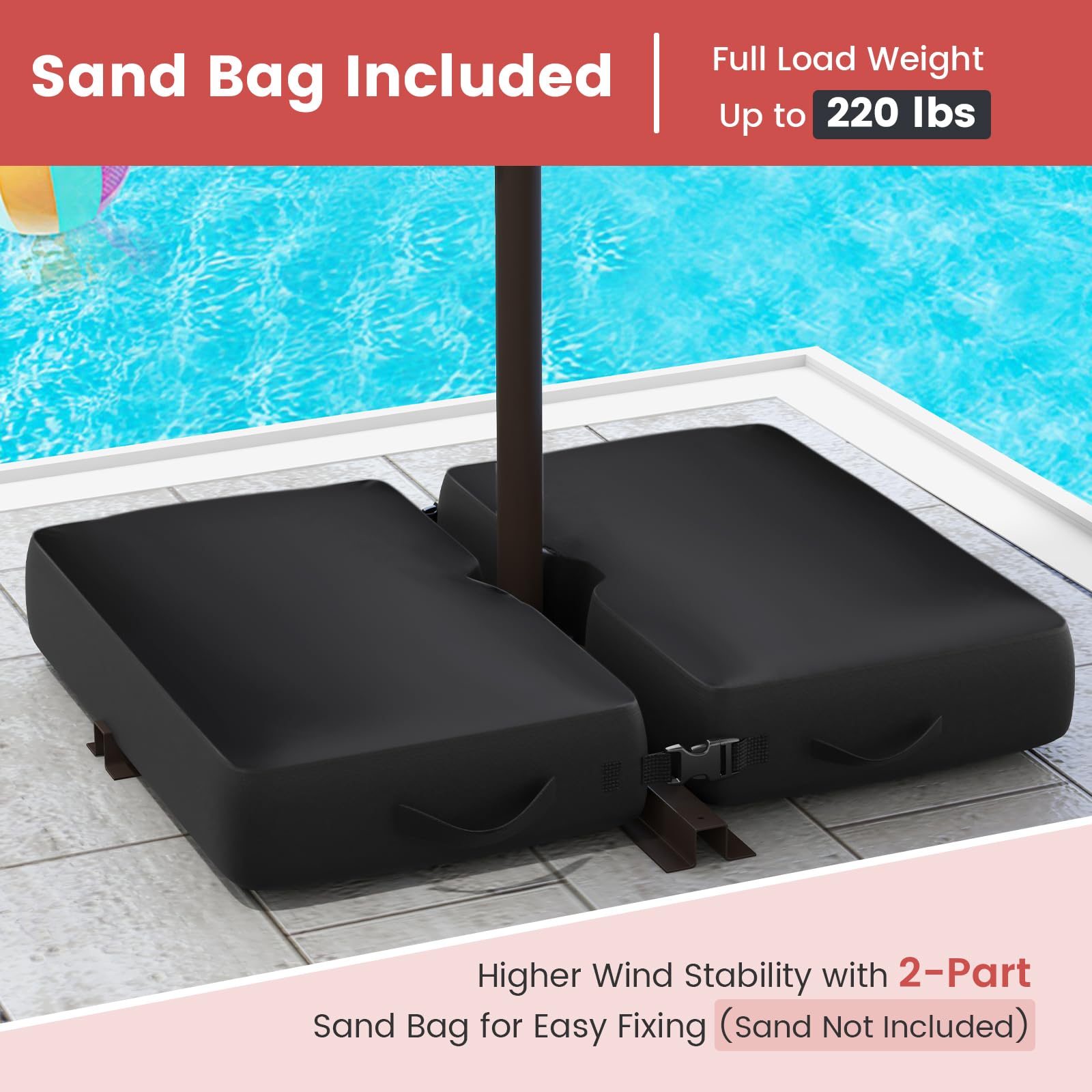 Close-up of the two-part sandbag base for the patio umbrella, indicating it can hold up to 220 lbs of sand.