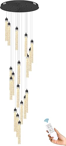 Miniatura 6 de H138'' Lámpara de araña de columna de burbujas de cristal, color negro, 18 luces de techo para entrada de vestíbulo, techo inclinado, iluminación