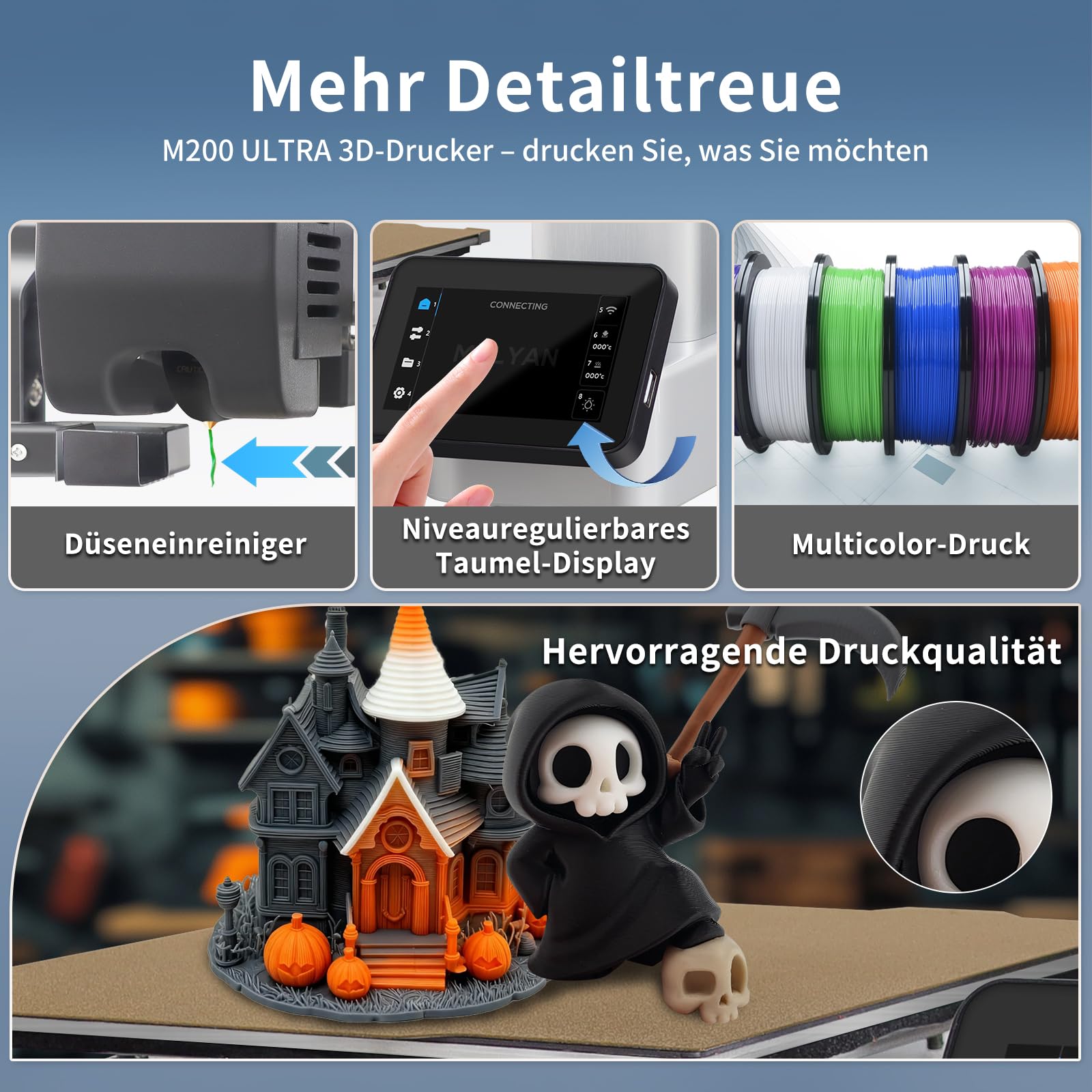 MALYAN M200 Ultra 3D Drucker, Max 600mm/s Hochgeschwindigkeits Drucker mit Full-Auto Leveling Out of The Box, KI-Überwachung mit Kamera, Schnellwechseldüse + PEI-Platte, Druckgröße 180x180x180mm