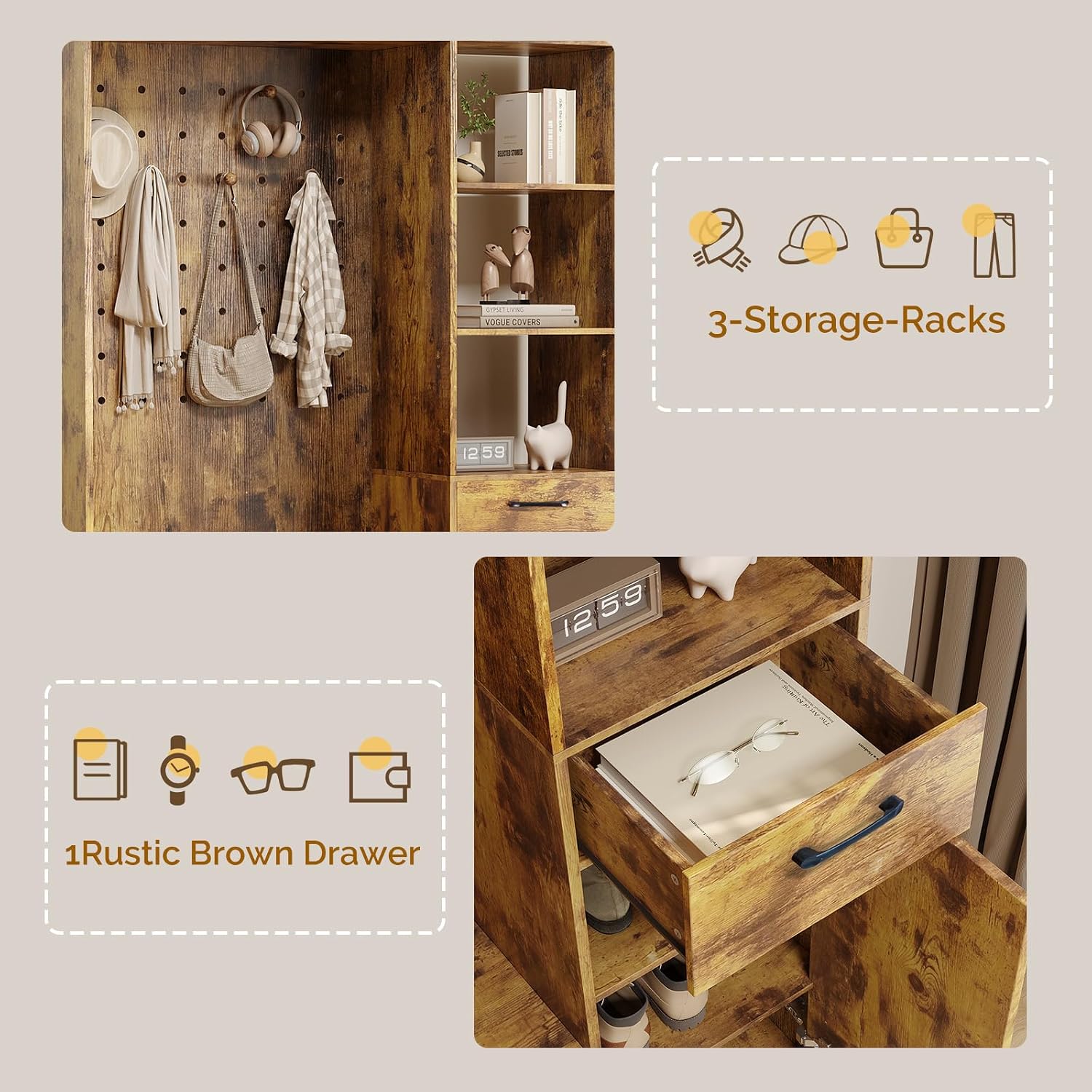 VINGLI Hall Tree with Shoe Storage Bench, 6-in-1 Entryway Storage Cabinet with Pegboard, Flip Shoe Cabinet, Drawer & Shelves, Large Coat Rack Organizer for Entryway, Rustic Brown
