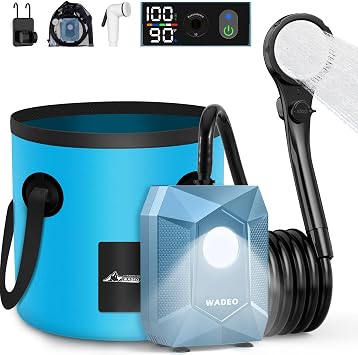 2026 Upgraded Portable Shower for Camping, Rechargeable Camping Shower Pump with 20L Collapsible Bucket, Camping Shower Light, IPX8 Waterproof Outdoor Shower for Camping, Hiking, Traveling, Washing