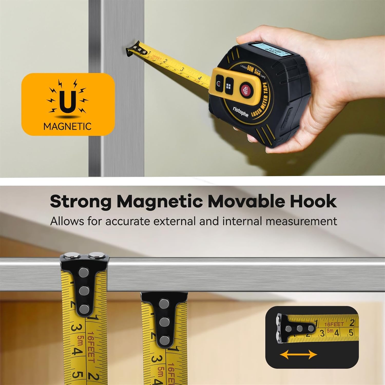 2-in-1 Laser Tape Measure, 197Ft Laser Measuring Tool & 16Ft Measuring Tape with Magnetic Hook - Pythagorean/Area/Volume Digital Tape Measure for Construction & Woodworker (M/in/Ft Unit)