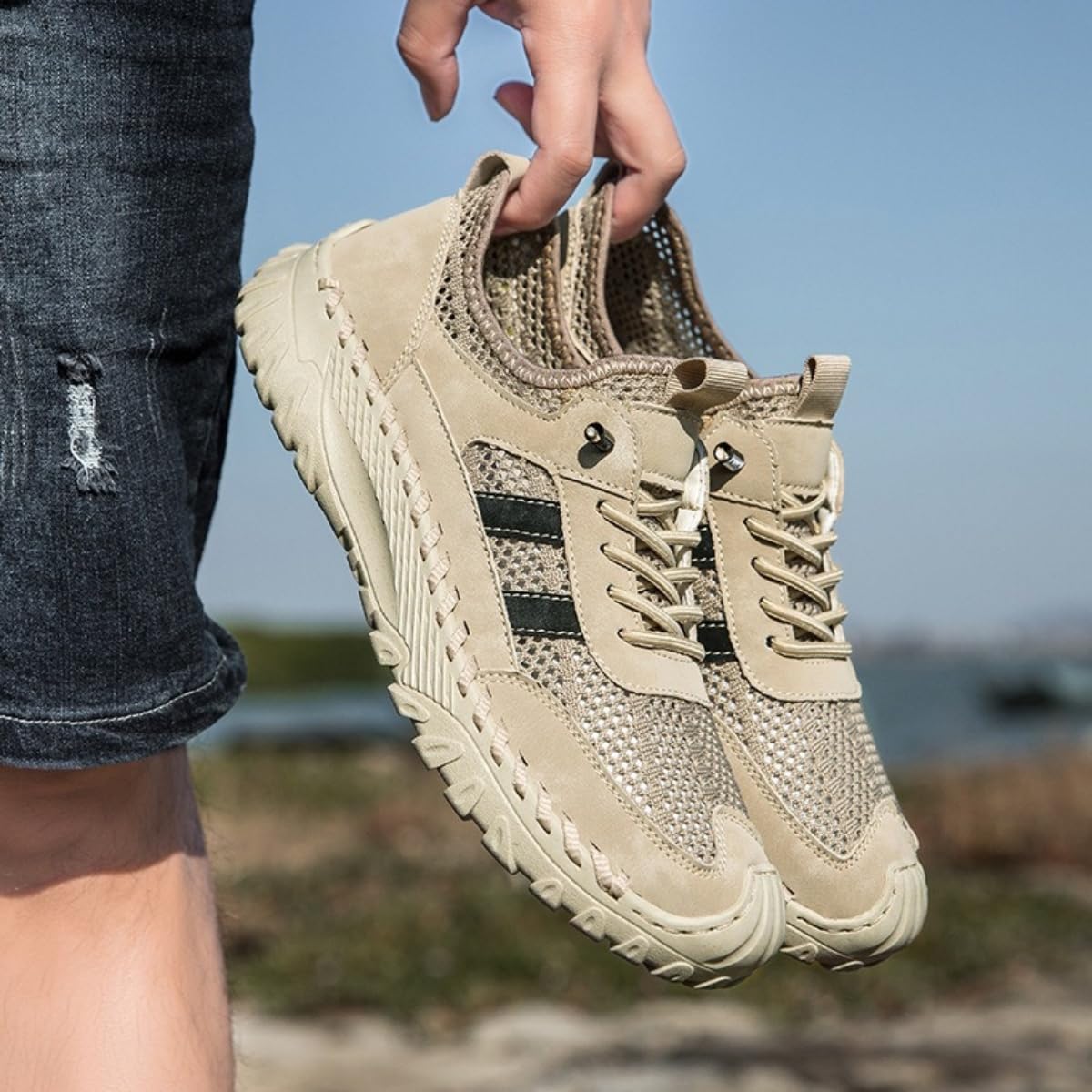 Chaussures orthopédiques pour homme, à enfiler - Chaussures de randonnée orthopédiques en cuir - Baskets en maille respirante pour la marche - Sandales d'extérieur décontractées