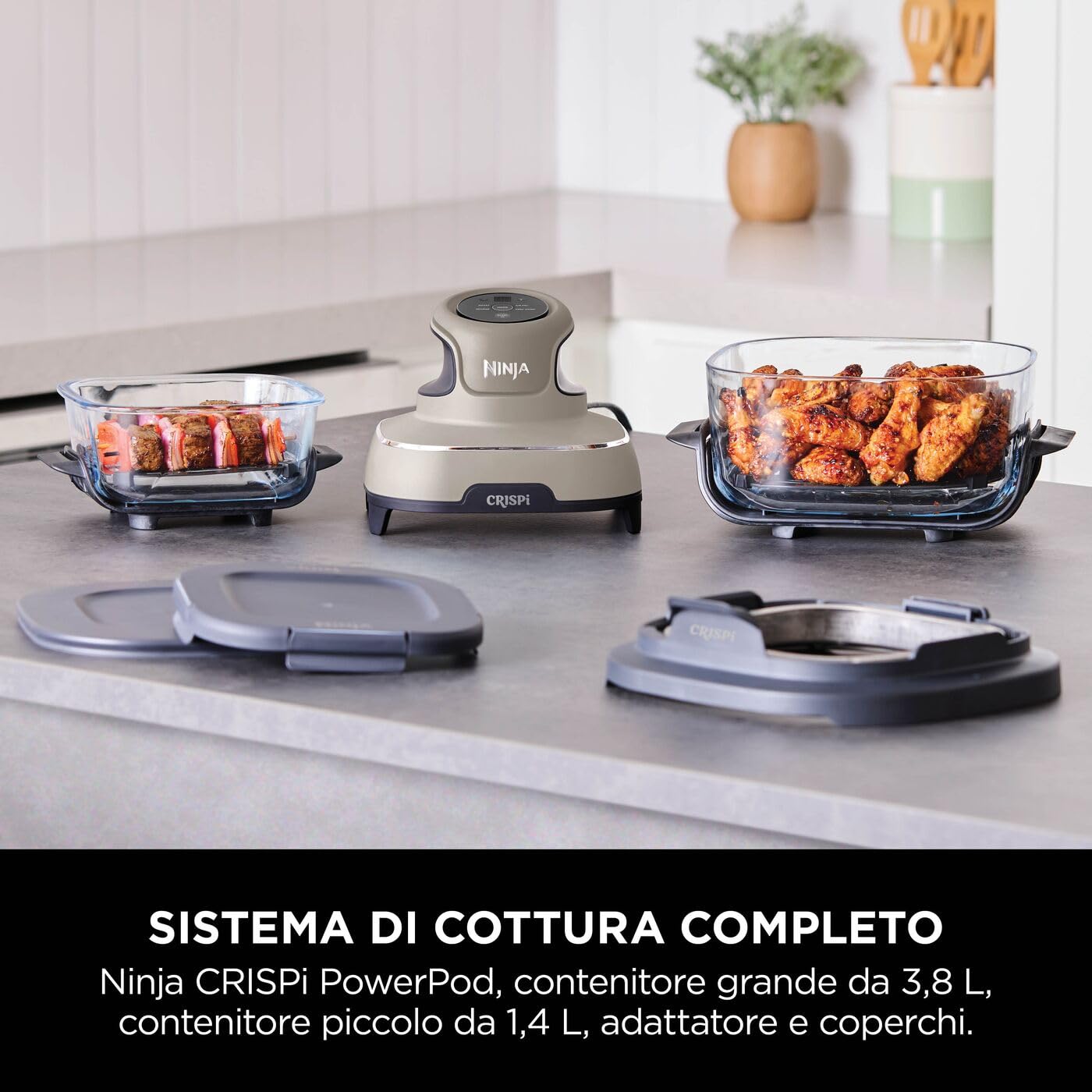 Ninja CRISPi Friggitrice ad Aria Portatile, 3.8L, 4 in 1: Frittura, Cottura Arrosto, Mantiene Cibo Caldo e Croccante, Compatta, 2 Contenitori Vetro Rimovibili, 1700W, Pietra FN101EUST