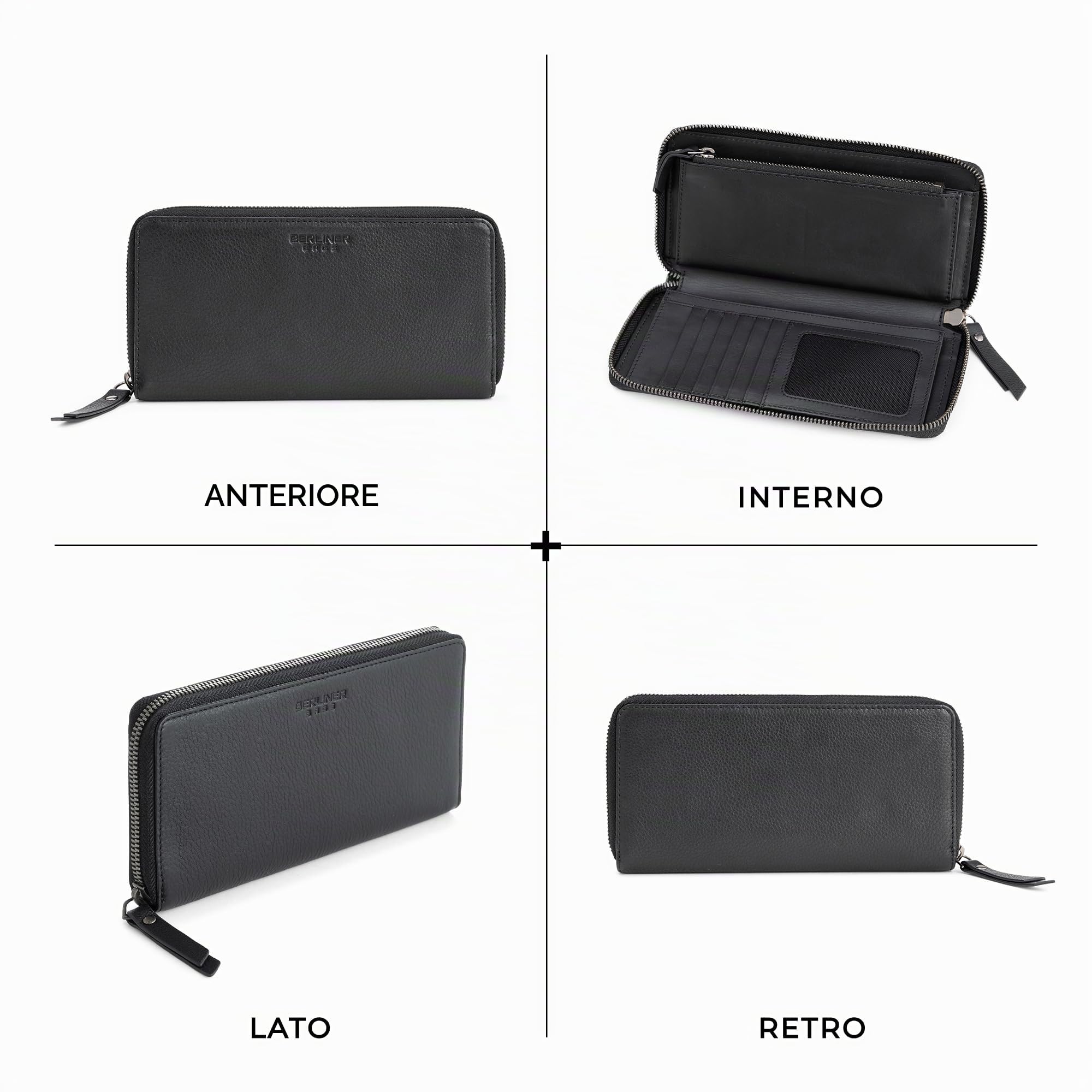 Berliner Bags Portafoglio Donna Margo in Vera Pelle, Grande con Zip e Portamonete, Protezione RFID, 12 Carte – Nero