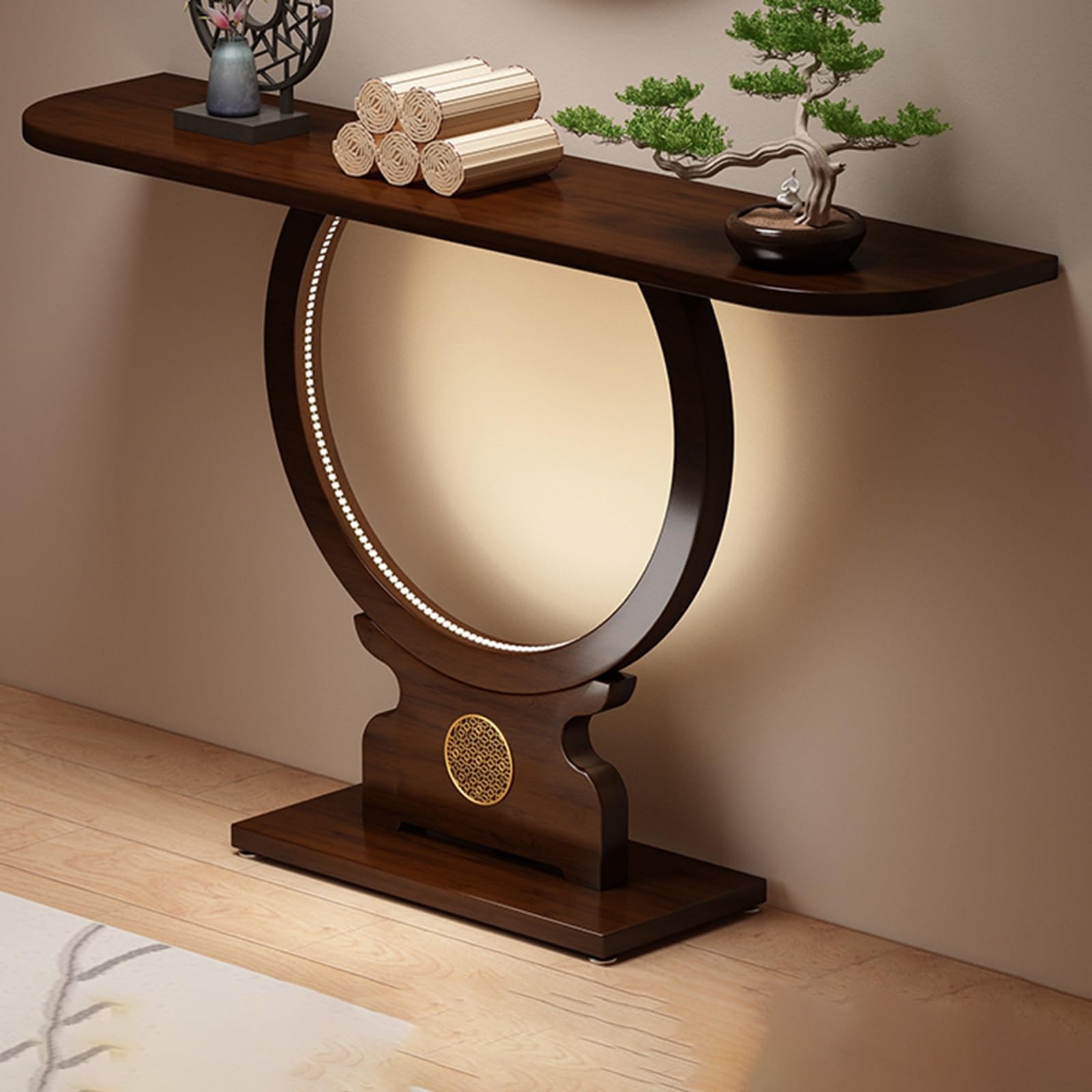 Mesa consola de bambú para recibidor estrecho con iluminación LED moderna