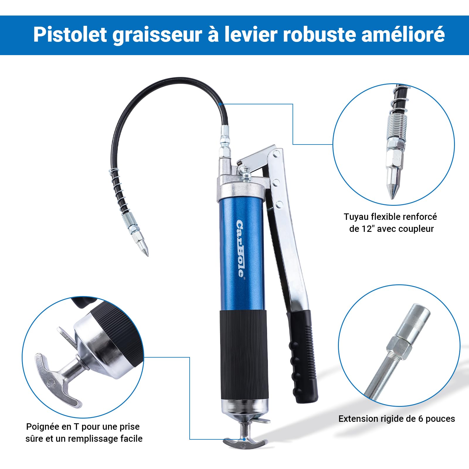 CarBole Ingrassatore Manuale,Pistole per Grasso Professionale 8000PSI,con Tubo Flessibile 12 Pollice,Tubo di Estensione in Metallo 6 Pollici,Ugello Appuntito,Cartuccia da Compatibile 400ml