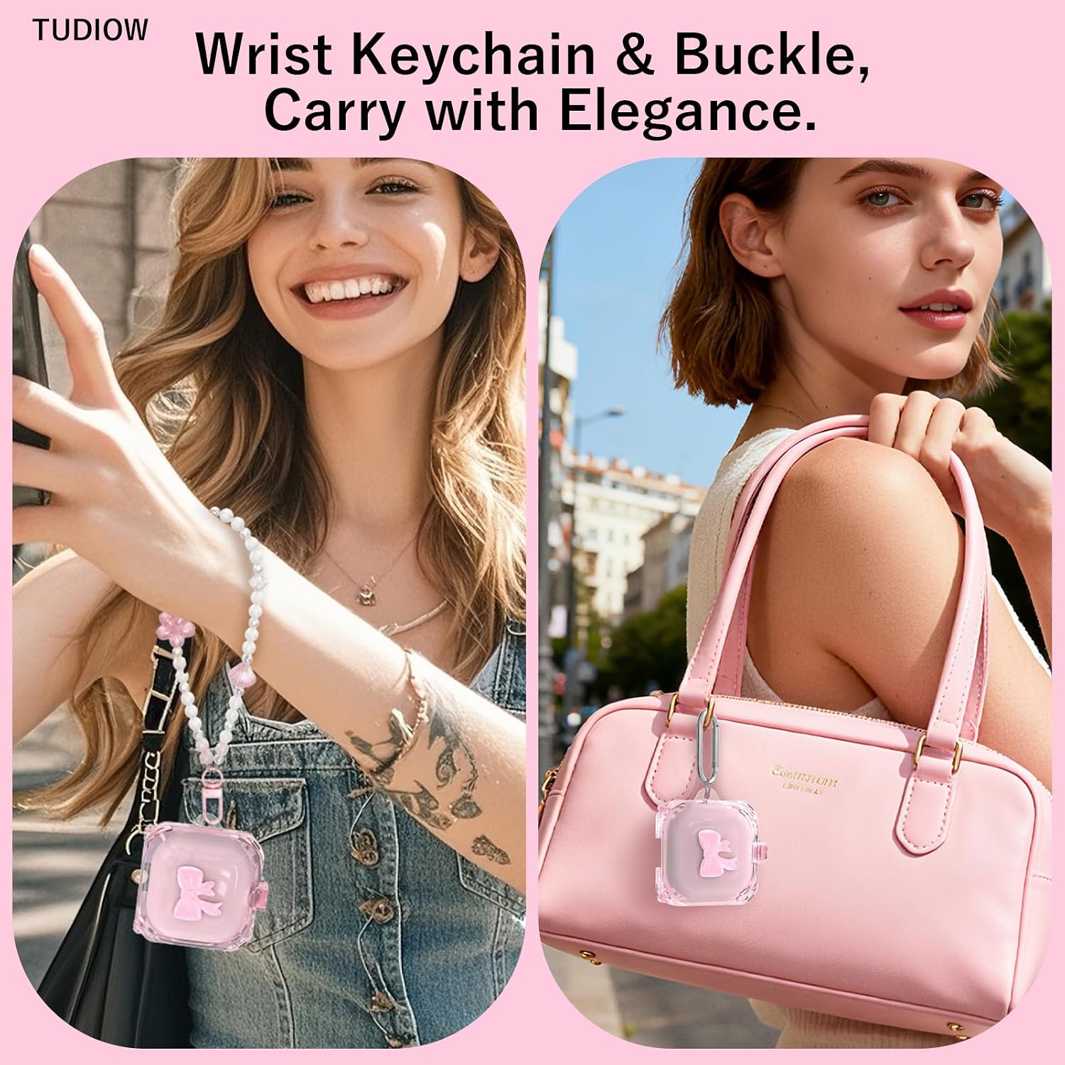 [Secure Lock] TUDIOW 3D Bow Case for Beats Fit Pro 2021, Clear Pink image 5