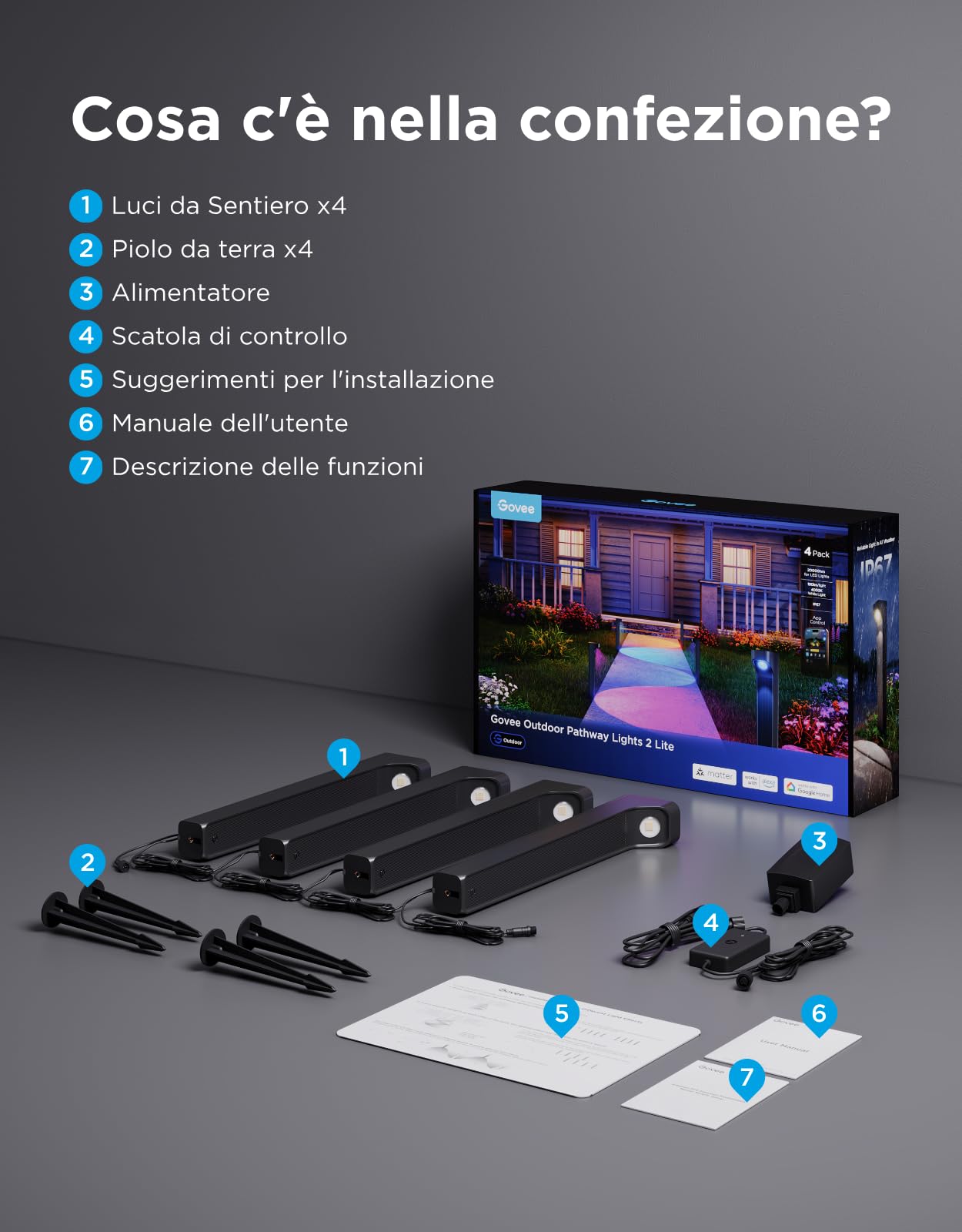 Govee Luci da Sentiero per Esterni 2 Lite RGBWIC, Illuminazione per Giardino con Grado di Protezione IP67, Compatibile con Matter, Alexa e Google Assistant, Lampada per Giardino per Vialetto, Cortile