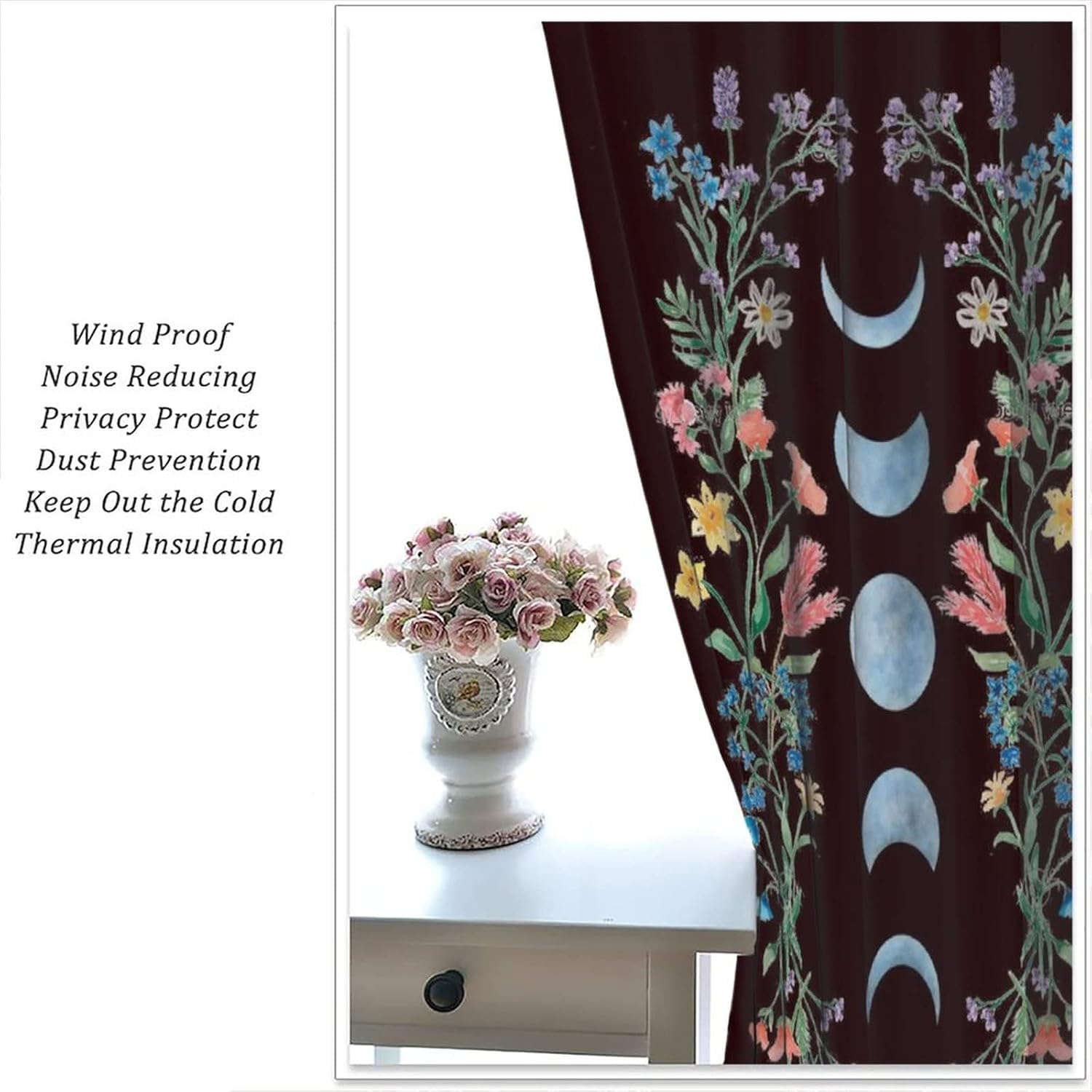 Moon Floral Curtains Black Flower Wildflower Phase Moonlit Garden Aesthetic Boho Spring Vines Nature 2 Panel Window Treatment Set for Bedroom Living Room Decor 52x84 Inch Blackout