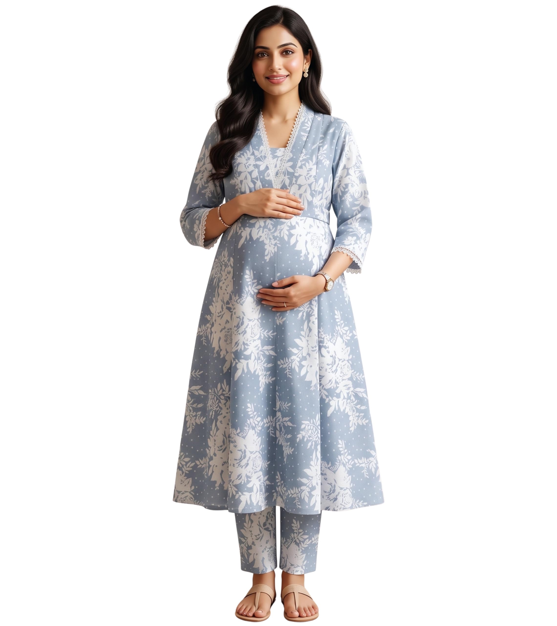 DUMMY SHAPE Maternity Dresses for Women Cotton | Floral Anarkali Kurta Pant Suit Set with Nursing Zippers, Side Pocket to Pre & Post Pregnancy | Baby Shower Gifts for Mom-picture-26