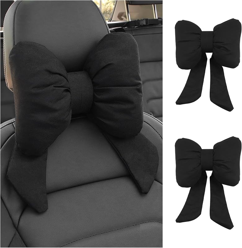 2PCS Cute Bow Car Headrest Pillow,Comfortable & Breathable Car Neck Pillows for Relief Neck Fatigue,Universal Head Rest Pillow for Cars Decoration as Birthday Gifts for Women,Girl (Black/2PCS)