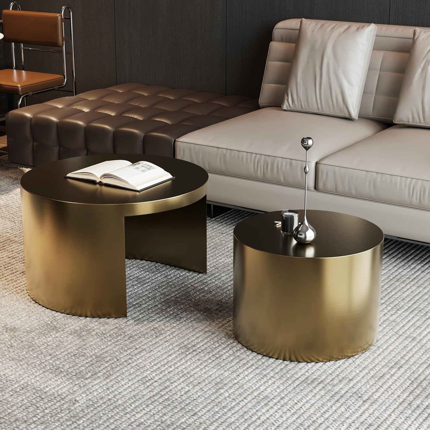 Nesting Coffee Table, Brushed Gold Coffee Table for Living Room, Brass Round Coffee Tables 2 in 1