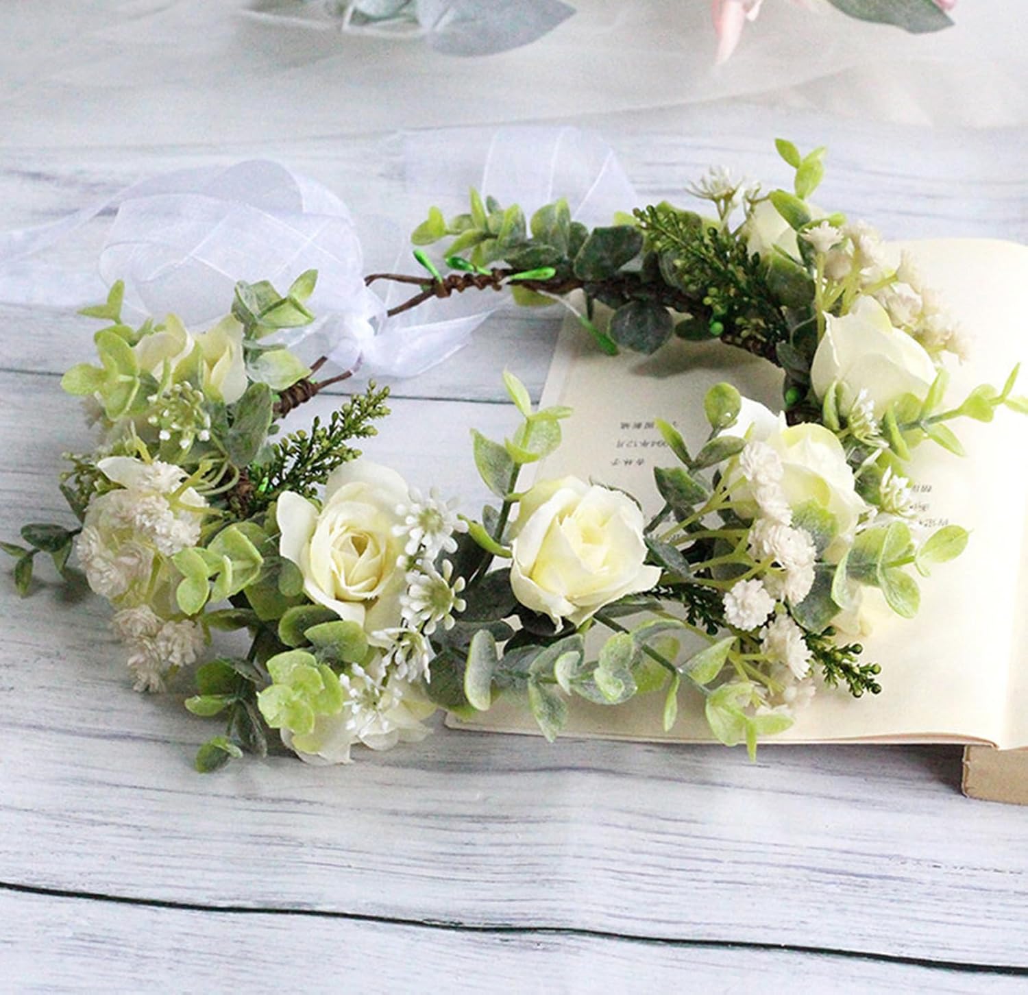 Rose Flower Crown Floral Crown Flower Garland Headband Floral Headpiece Halo Cosplay Halloween Bridal Wedding Photo Props Renaissance Party Prom Beige - Image 2