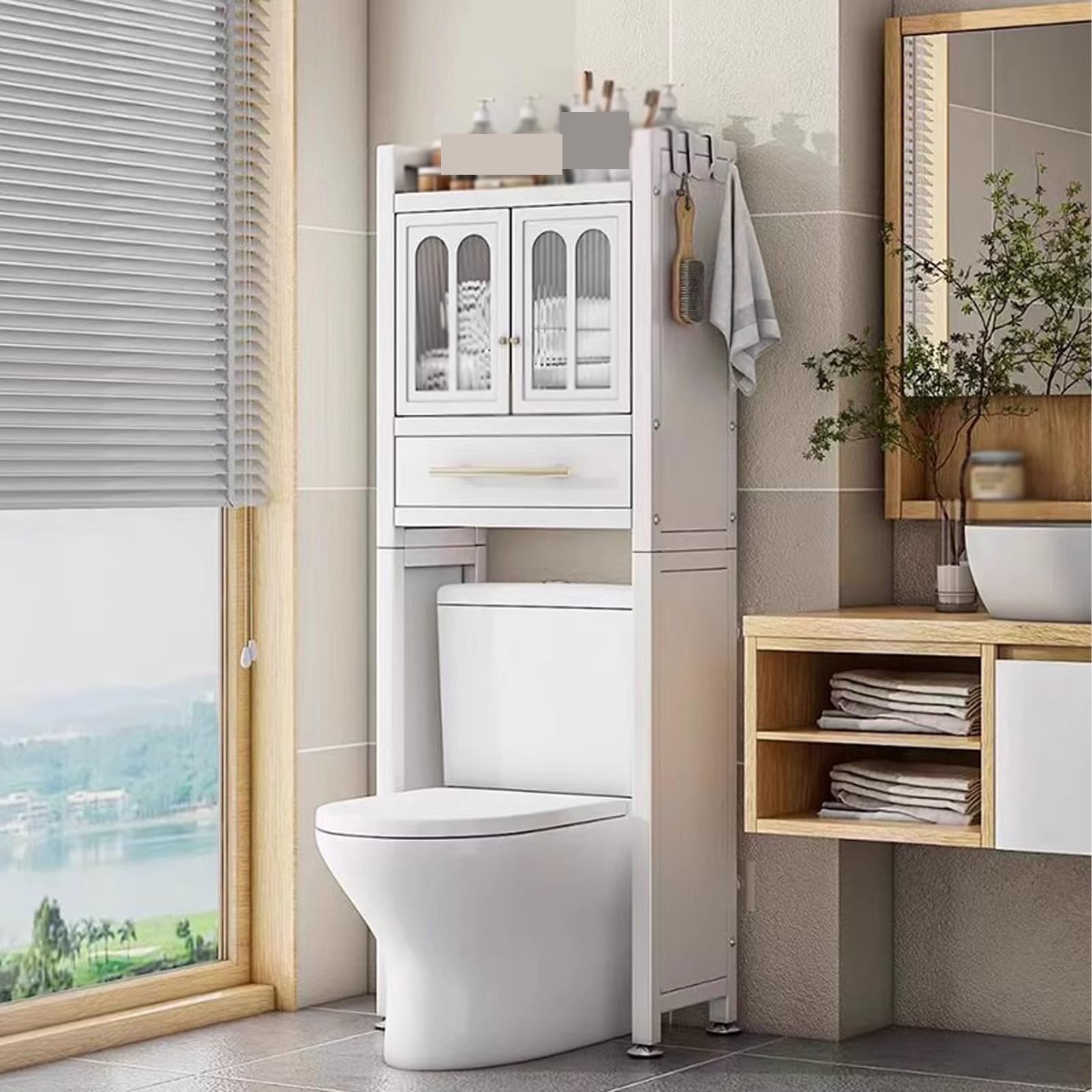 BHGFYXBS Double Door Over The Toilet Sto Cabinet Black Metal & Acrylic Shelf For Bathroom & Laundry Space Saving Solut 155Cm High Maximize Sto Efficiency,White-155Cm,White-155cm