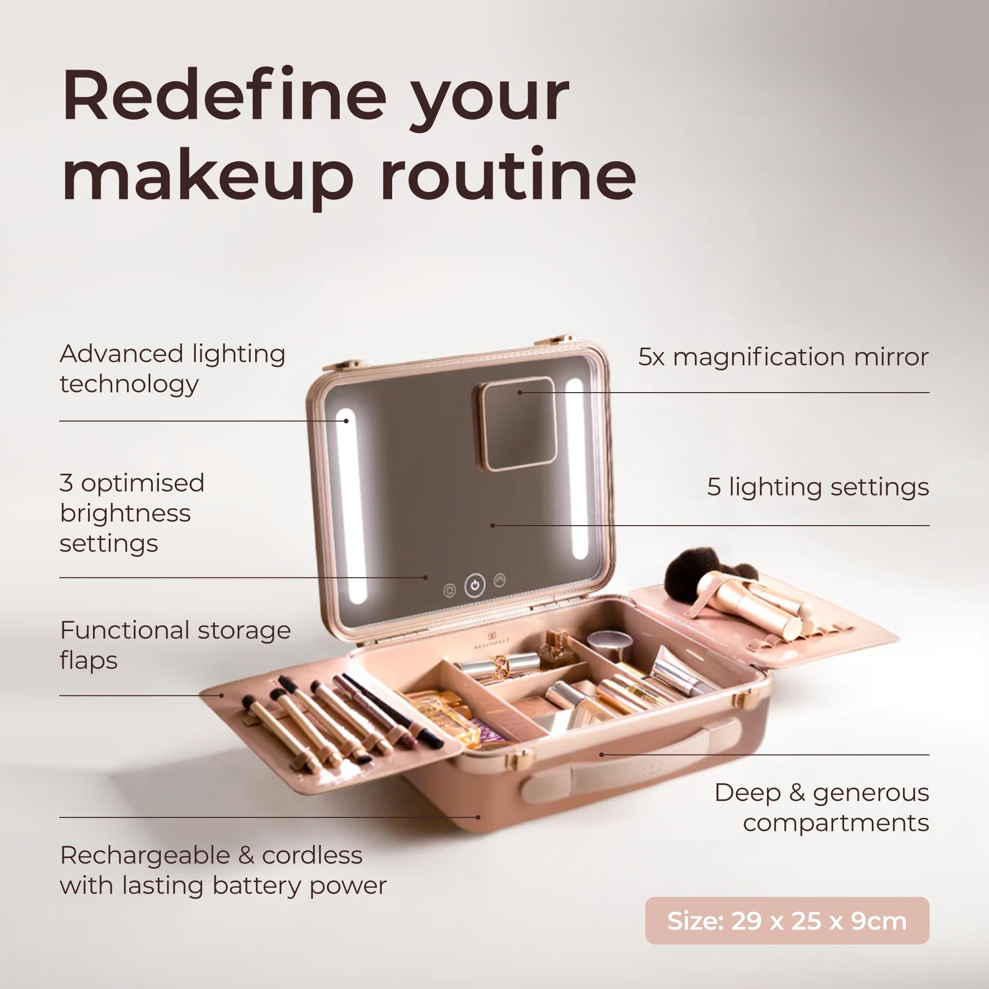 Beautifect Box Rose Gold - Grande trousse per trucchi con specchio luminoso a LED, trapuntata, metallica, borsa da viaggio per cosmetici da donna, organizer per articoli da toeletta e trucchi con