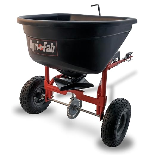 Agri-Fab 45-0527 110 lb. Tow- Behind Lawn & Garden Broadcast Spreader for Seed,Fertilizer,Salt,Ice Melt; Easy to use Flow Control from Seat of Riding Lawn Mower