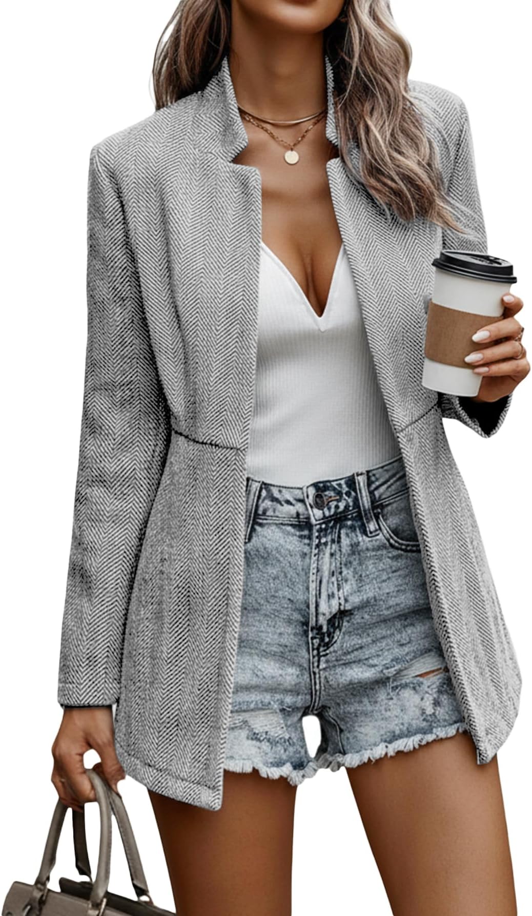 2026 Spring Women's Herringbone Tweed Blazer Jacket - Long Fully Lined Open Front Work Office Coat with Pockets