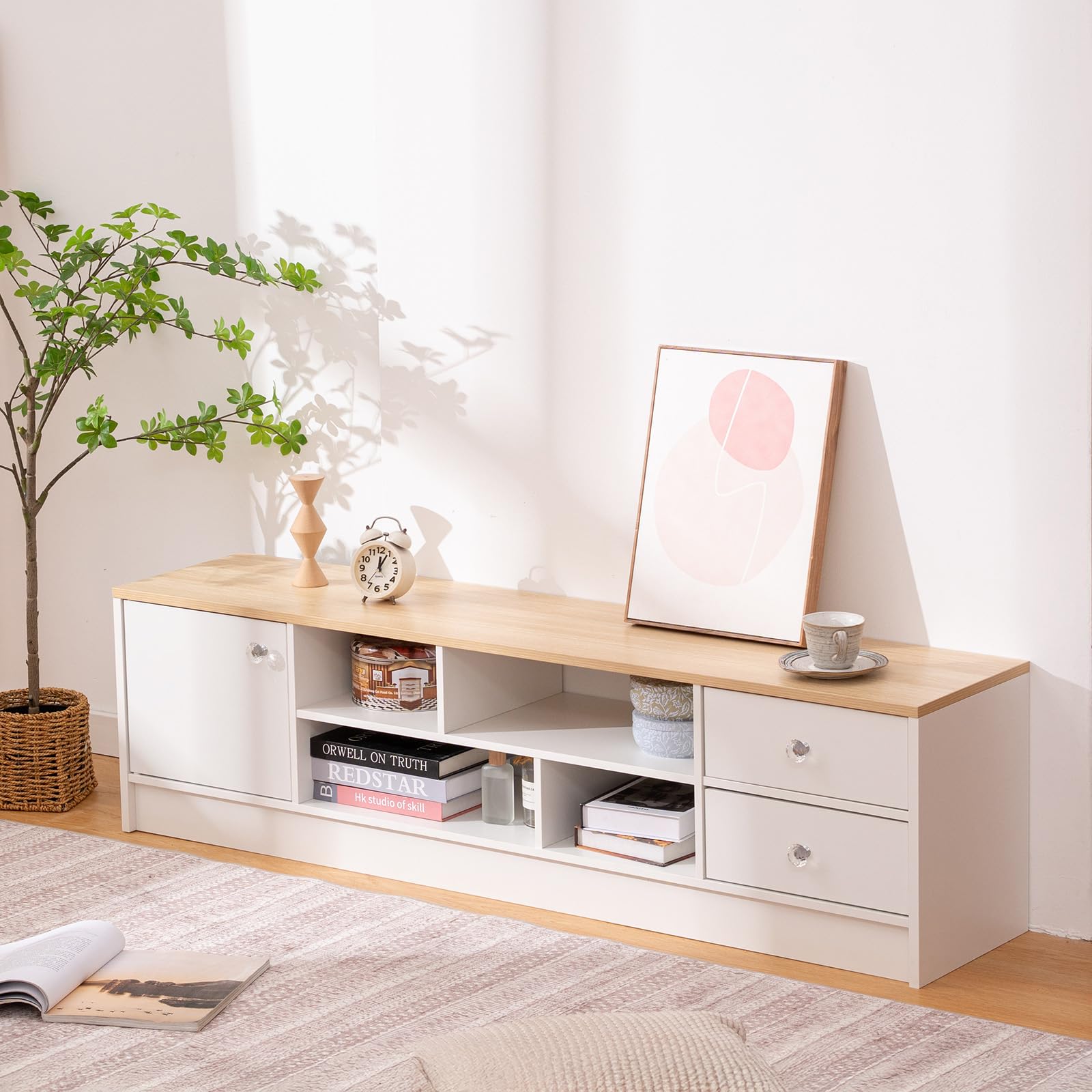 Mobile TV Nordico 140×30 cm – 1 Anta, 2 Cassetti e 4 Ripiani Aperti, Piano Effetto Legno Chiaro & Struttura Bianca, Design Moderno per Soggiorno o Camera