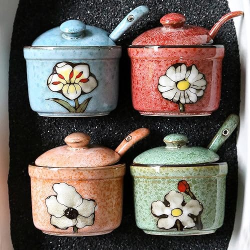 Miniatura 5 de Ceramics Retro Flower Azucarero con tapa y cuchara, 5.5 onzas, color rojo