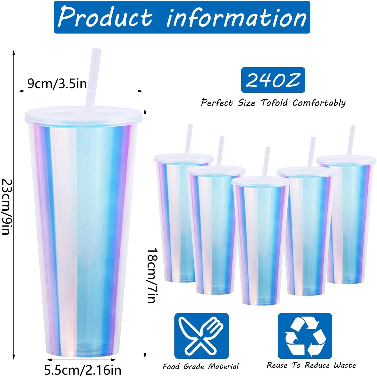 30 Pack Iridescent Plastic Cups with Lids and Straws, 24 oz Disposable Plastic Tumblers Iced Coffee Cups Travel Mug Cup for Juices Birthday Bachelorette Party Wedding (Iridescent,24 oz) - Image 3