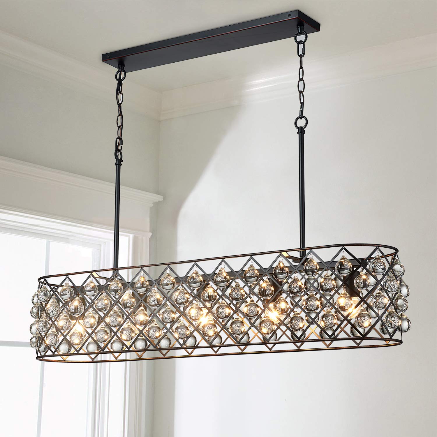 Saint Mossi Antique Bronze Island Light,5 Lights,Crystal Pendant Lighting with K9 Crystals,Mossinal Collection of Crystal Chandelier,L40 x W12 x H12 with Adjustable Chain